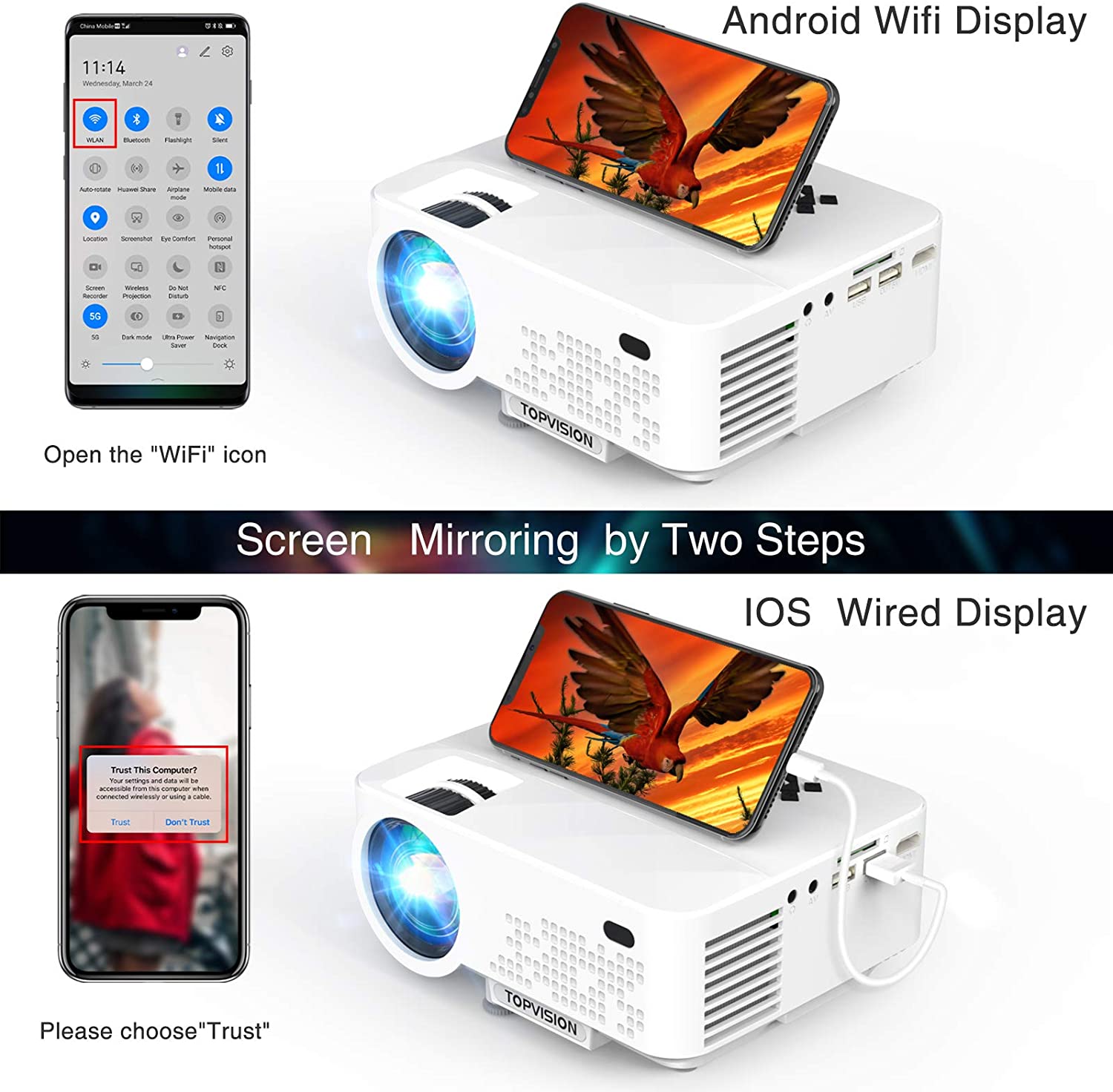 WiFi Projector,TOPVISION 6500L Outdoor Portable Projector,240" Display Full HD 1080P Home Theater Movie Projector,Wireless Smart Connection Compatible with iPhone/Android/TV Stick/USB/HDMI/VGA/AV/SD.