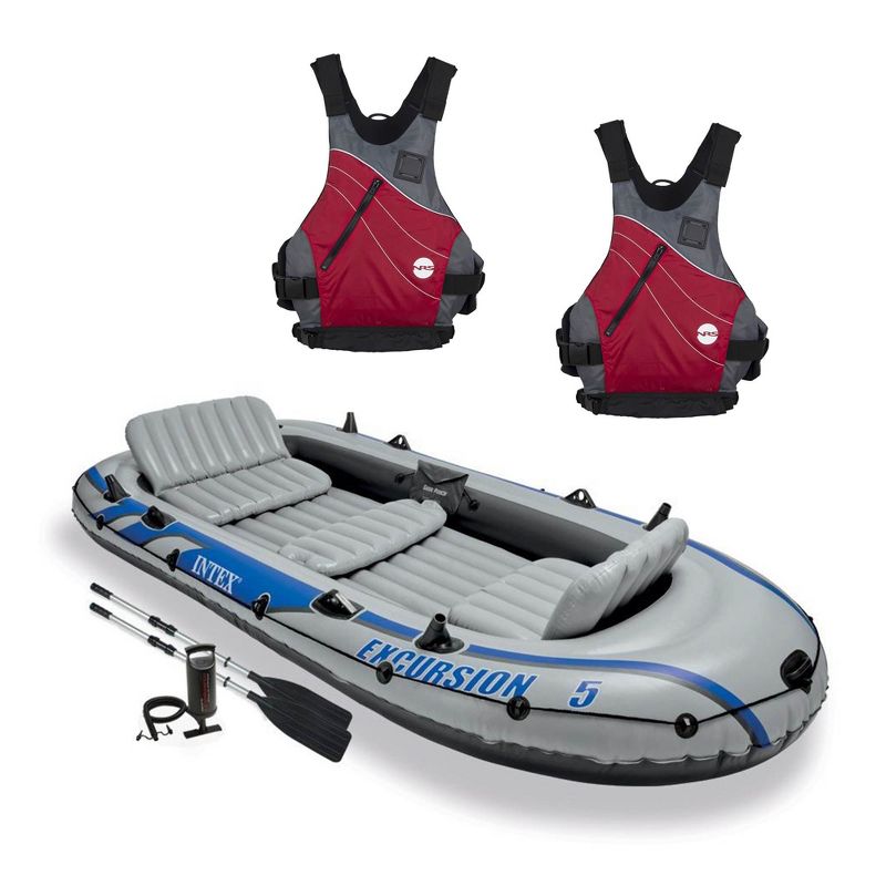 Intex Excursion 5 Person Inflatable Raft, 2 Oars and 2 Red Life Jackets, L/XL