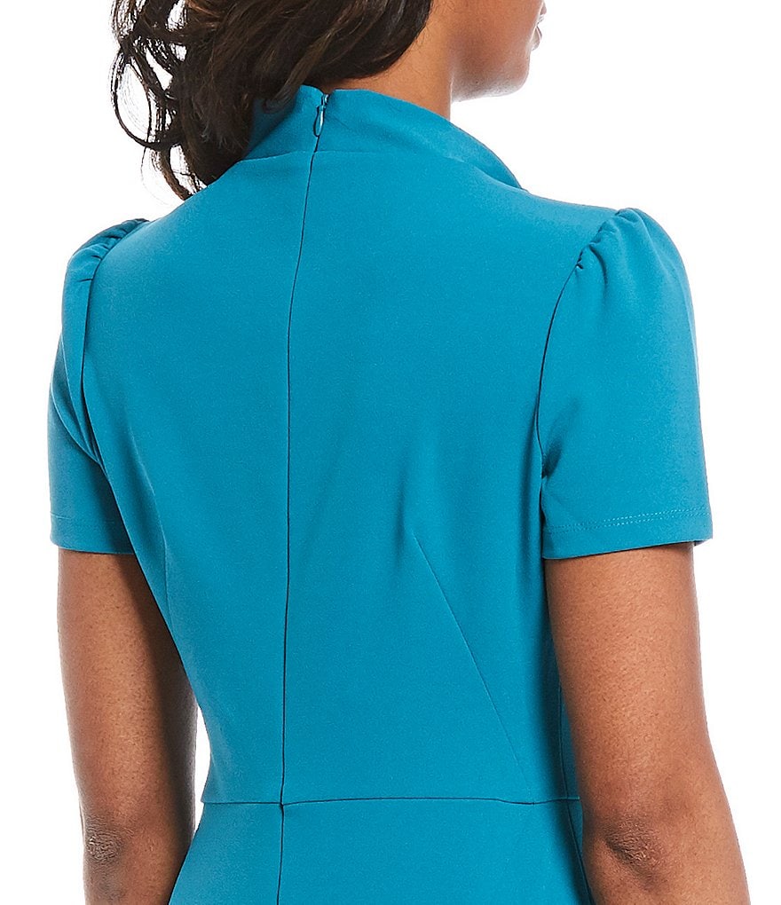 Maggy London Tie Neck Puff Sleeve Stretch Crepe Sheath Dress