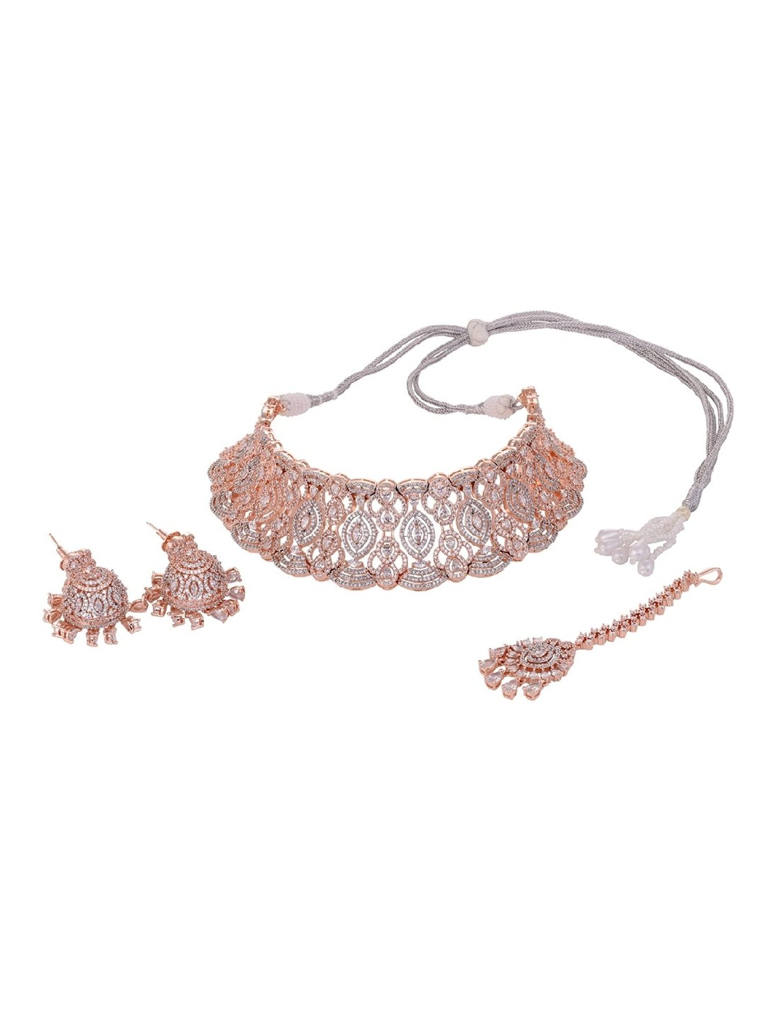 Saraf RS Jewellery Rose Gold Plated White AD Studded Heavy Choker Jewellery Set