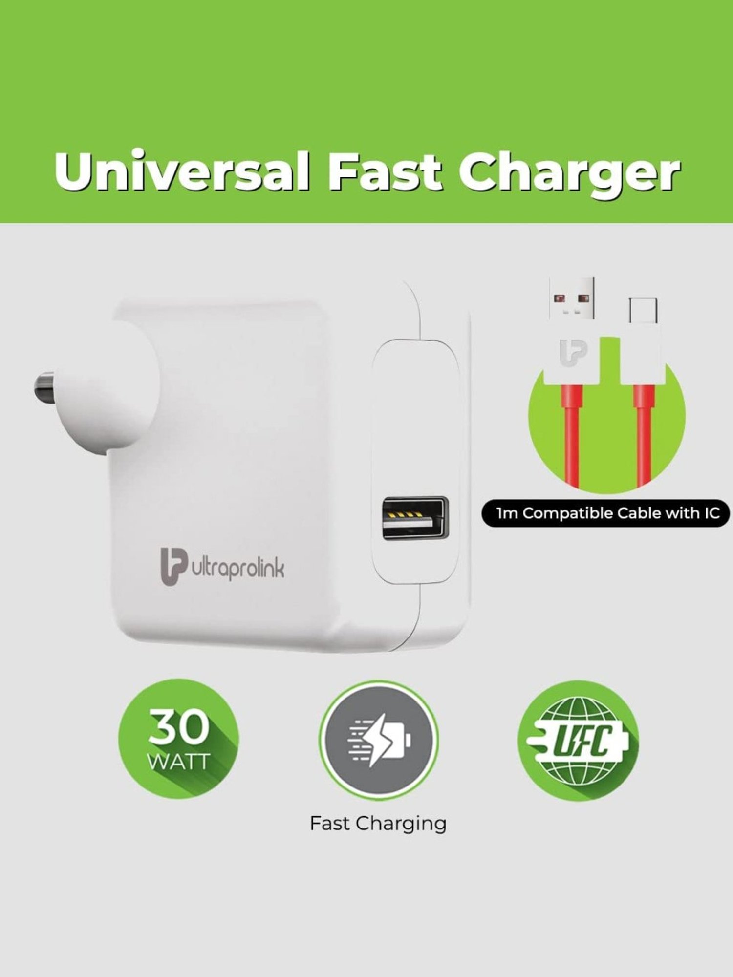 UltraProlink UM1077 Boost UFC 30W Multi-Protocol Fast Charger with Type C Cable (White)