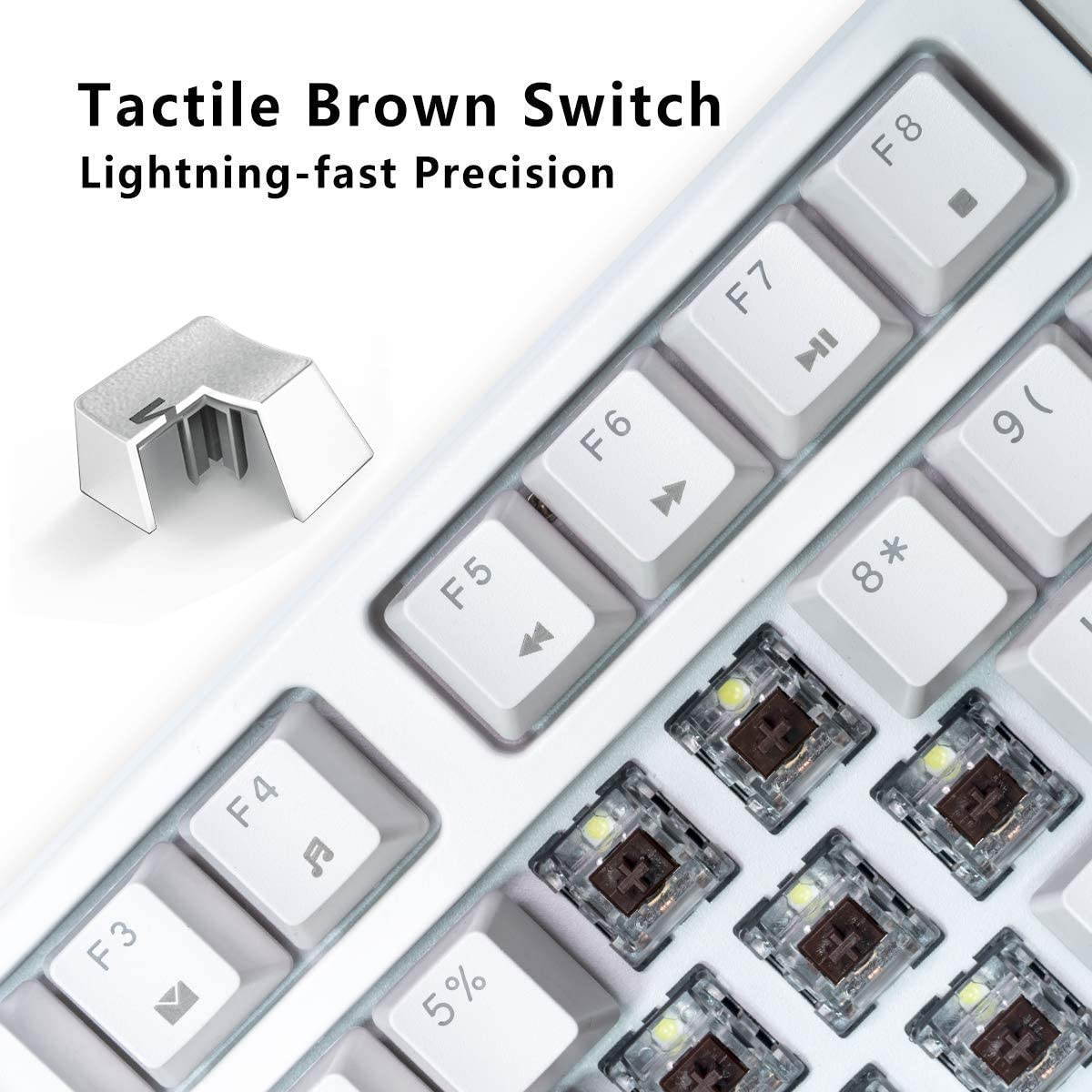 VELOCIFIRE TKL02 Wireless Plugable Mechanical Keyboard 87 Key Tenkeyless Ergonomic with Low Profile Quiet Brown Switches, and White LED Backlit for Copywriters, Typists, and Programmers