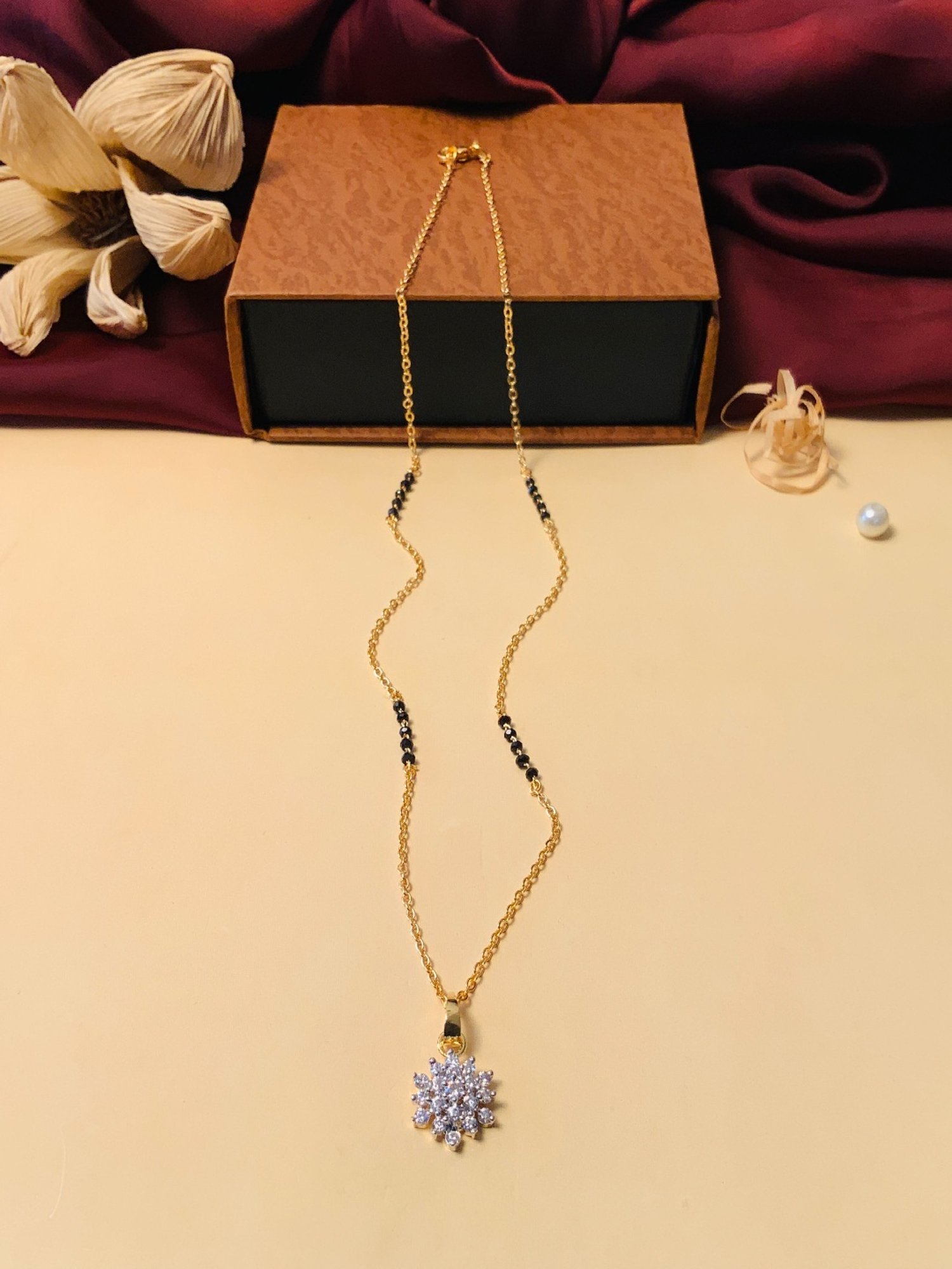 Abdesigns Gold-Plated American Diamond & Black Beaded Mangalsutra