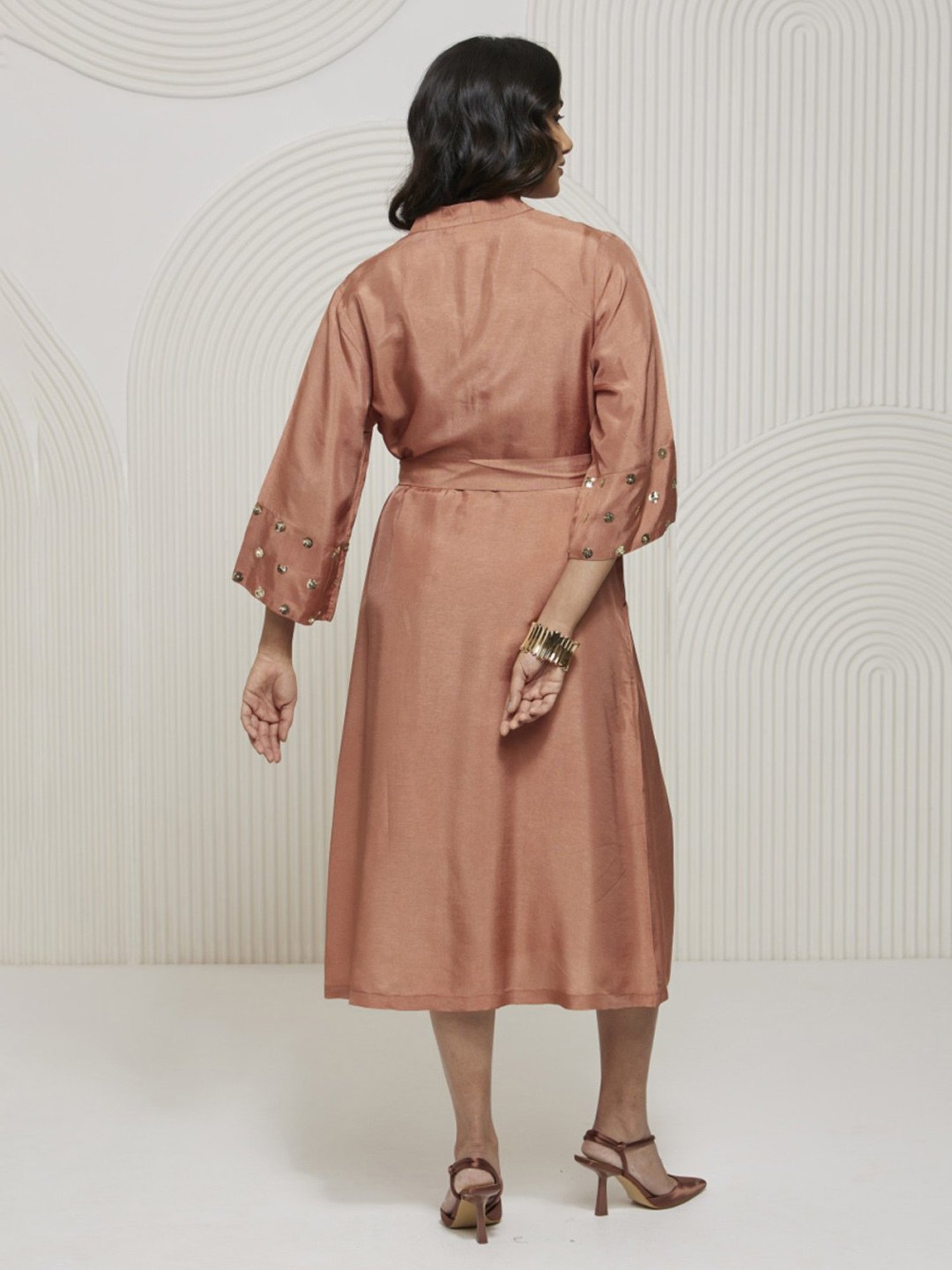 Artagai Salmon Pink Romancing Aari Shirt Dress With Tie-Up And Embellished Sleeve