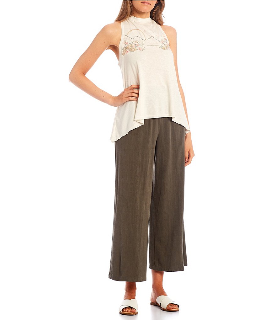 Coco + Jaimeson Sleeveless Embroidered Floral Print Double Hem Drapey Tank Top