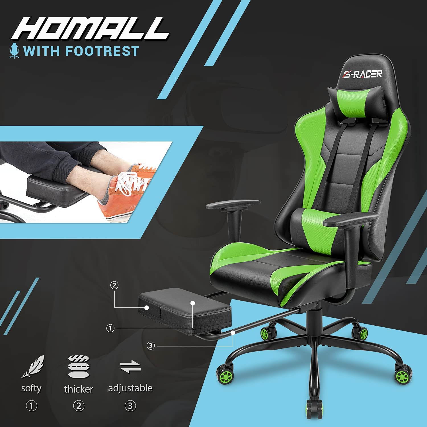 Homall Gaming Chair Computer Office Chair Ergonomic Desk Chair with Footrest Racing Executive Swivel Chair Adjustable Rolling Task Chair (Green)