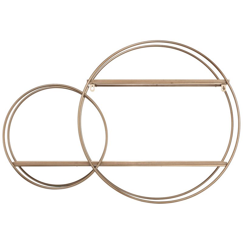 2 Tier Round Wall Shelf Rustic Wood and Decorative Unit Gold - Gallery Solutions