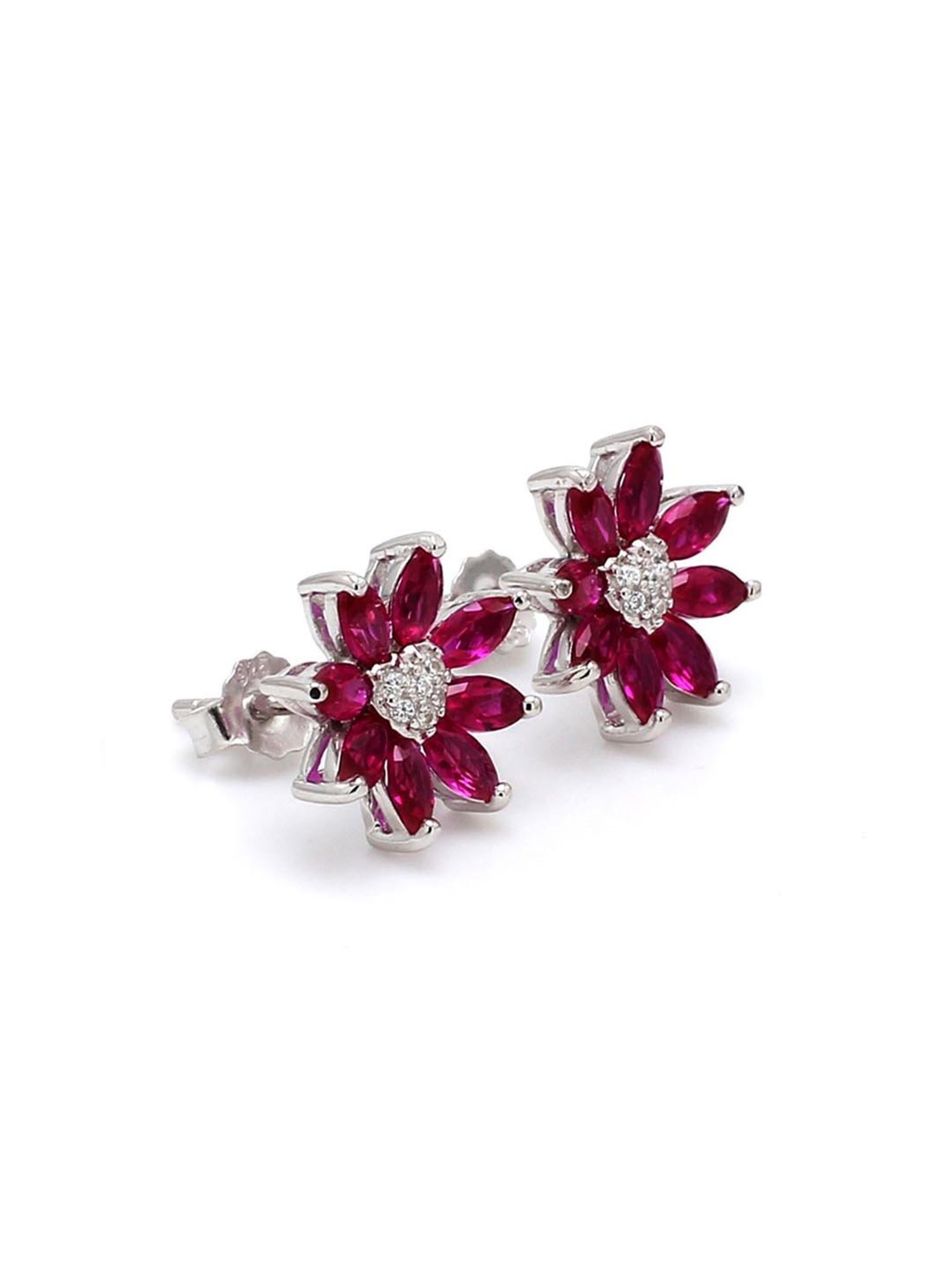 925 Silver Red Ruby and American Diamond Flower Stud Earrings for Women & Girls