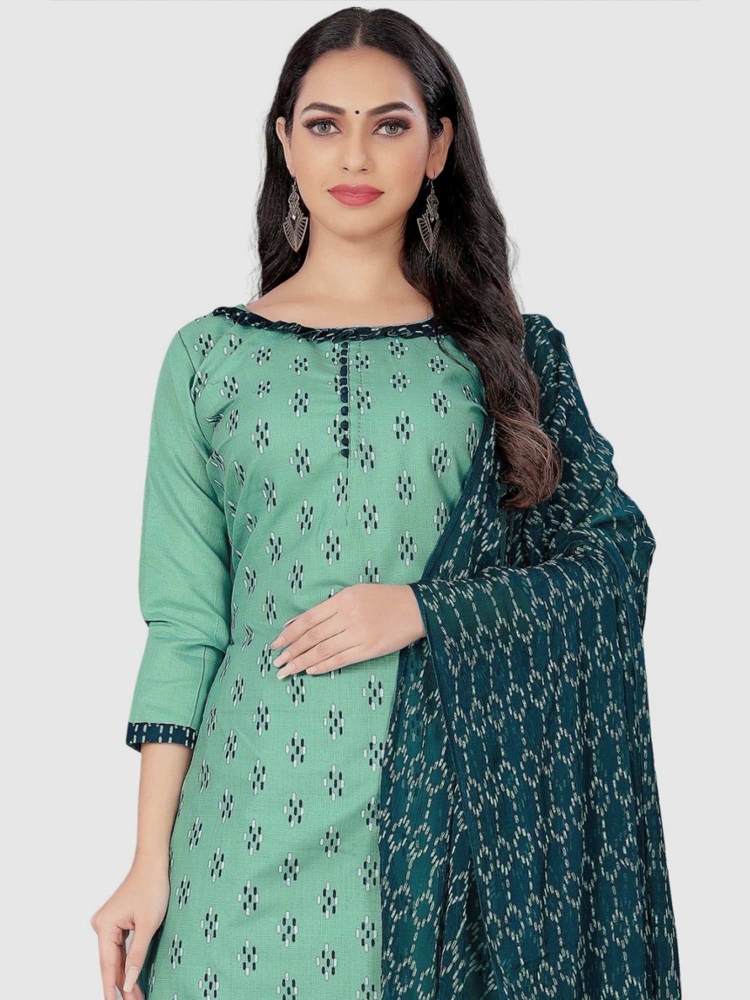 APNISHA Green Cotton Printed Unstitched Dress Material