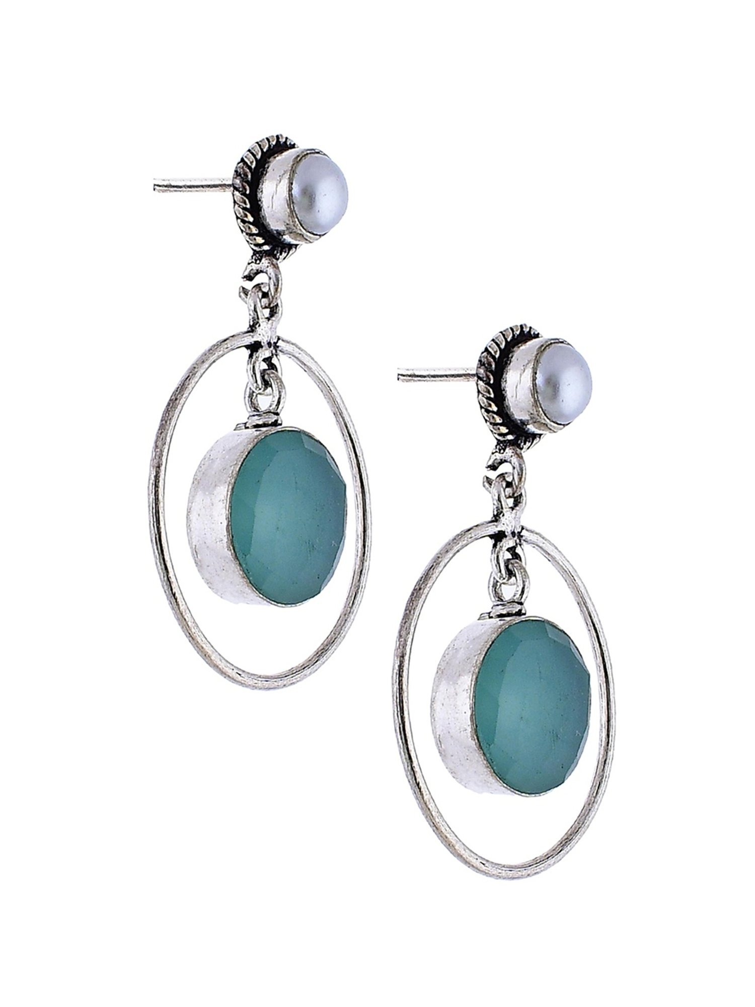 Imli Street Green-White Silver Tone Stone-Studded Handcrafted Drop Earrings