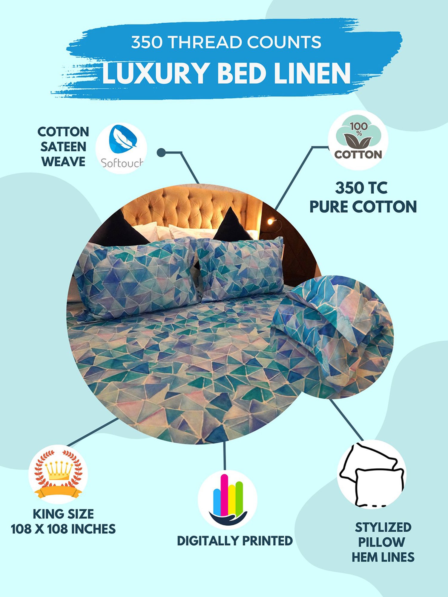 TARA Sparkling Homes Blue Luxury Cotton 350 TC Bed Sheet with 2 Pillow Covers