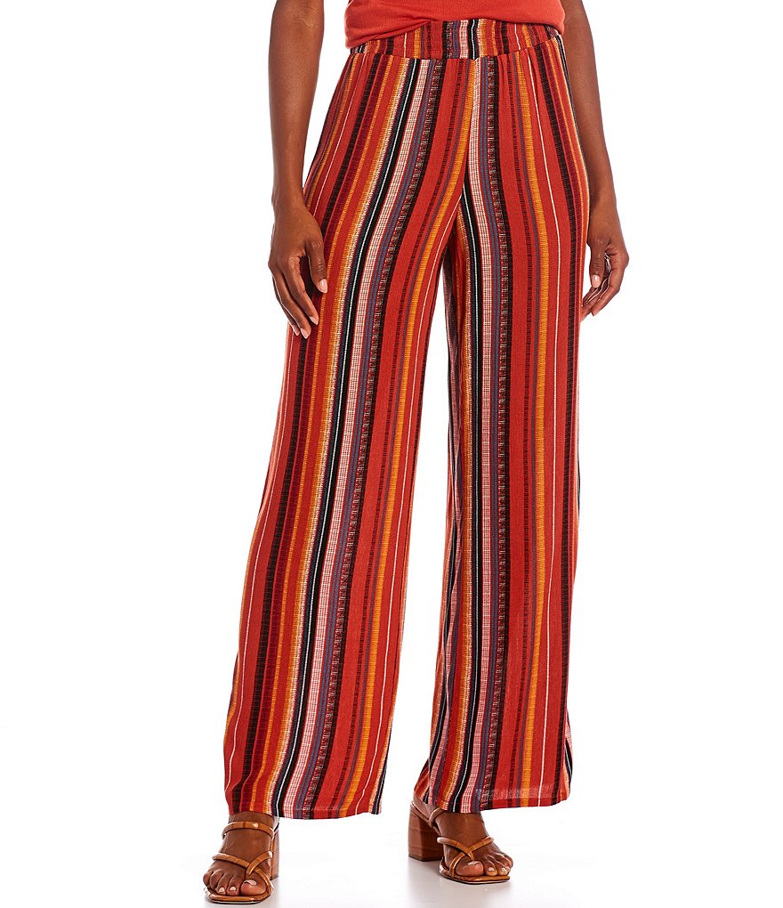 I.N. Studio Stripe Print Crepon Wide Leg Pull-On Palazzo Pants