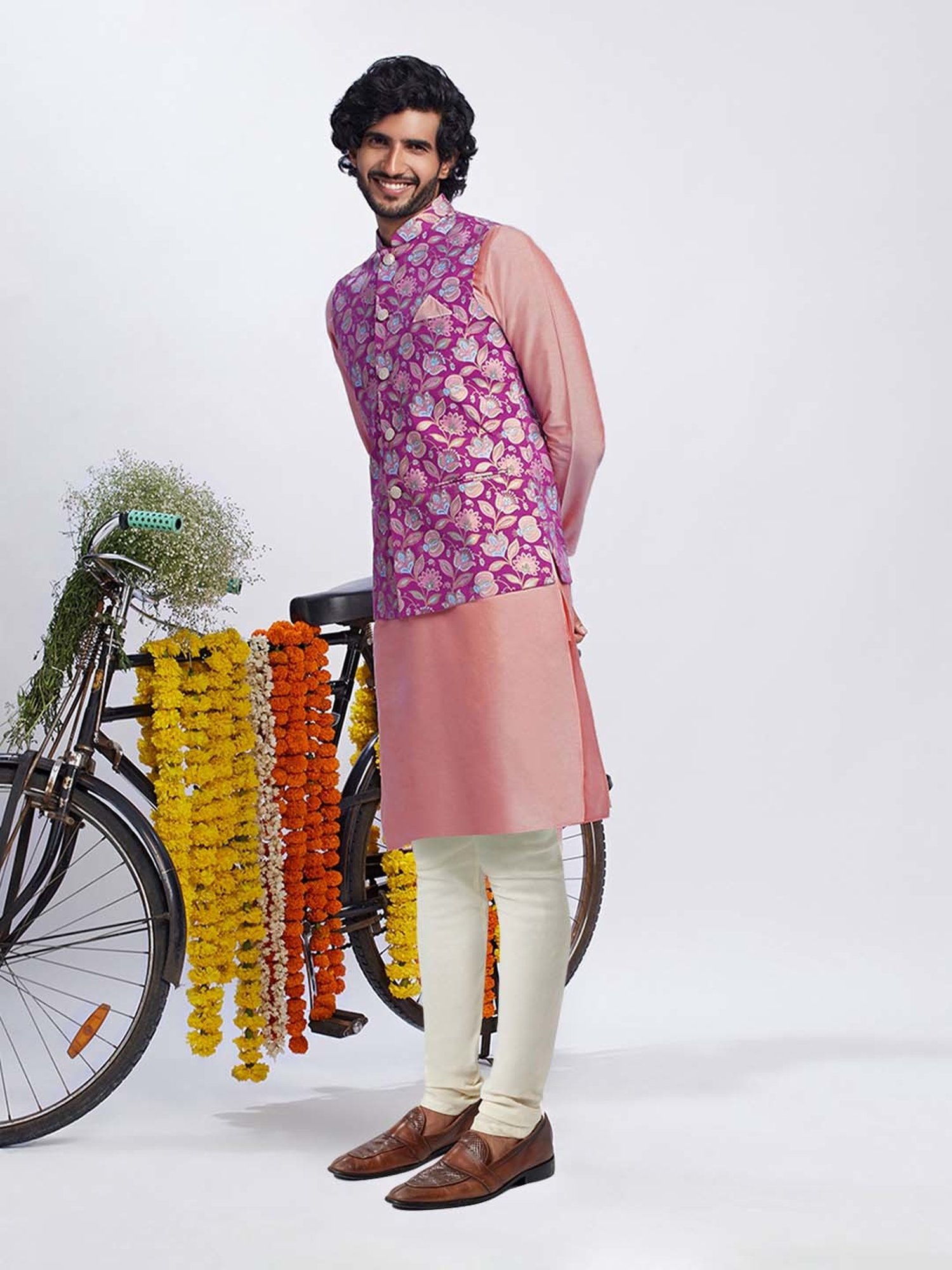 KISAH Dark Pink & Cream Regular Fit Floral Print Kurta & Churidar With Nehru Jacket