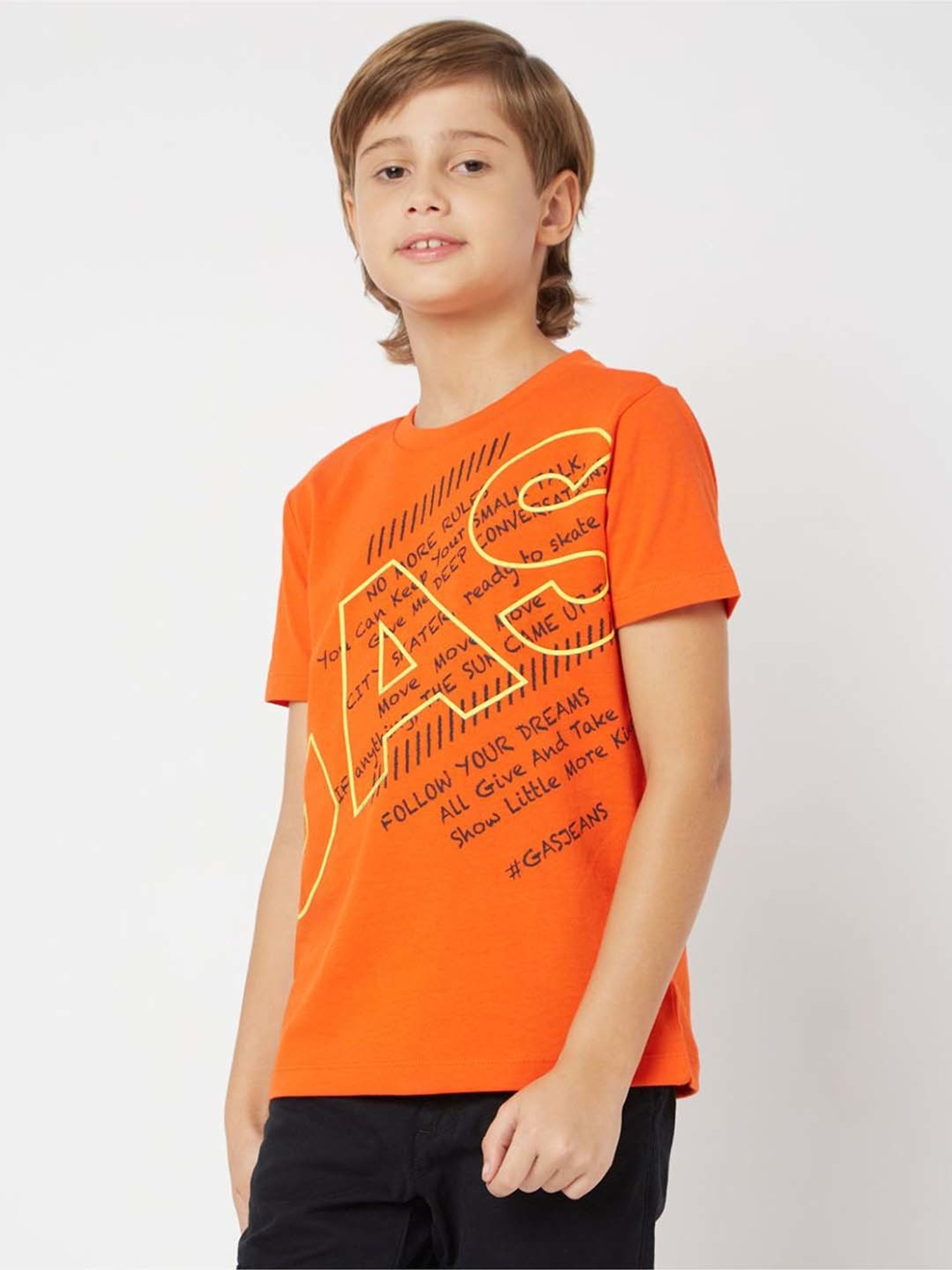 Gas Kids Orange Cotton Printed T-Shirt