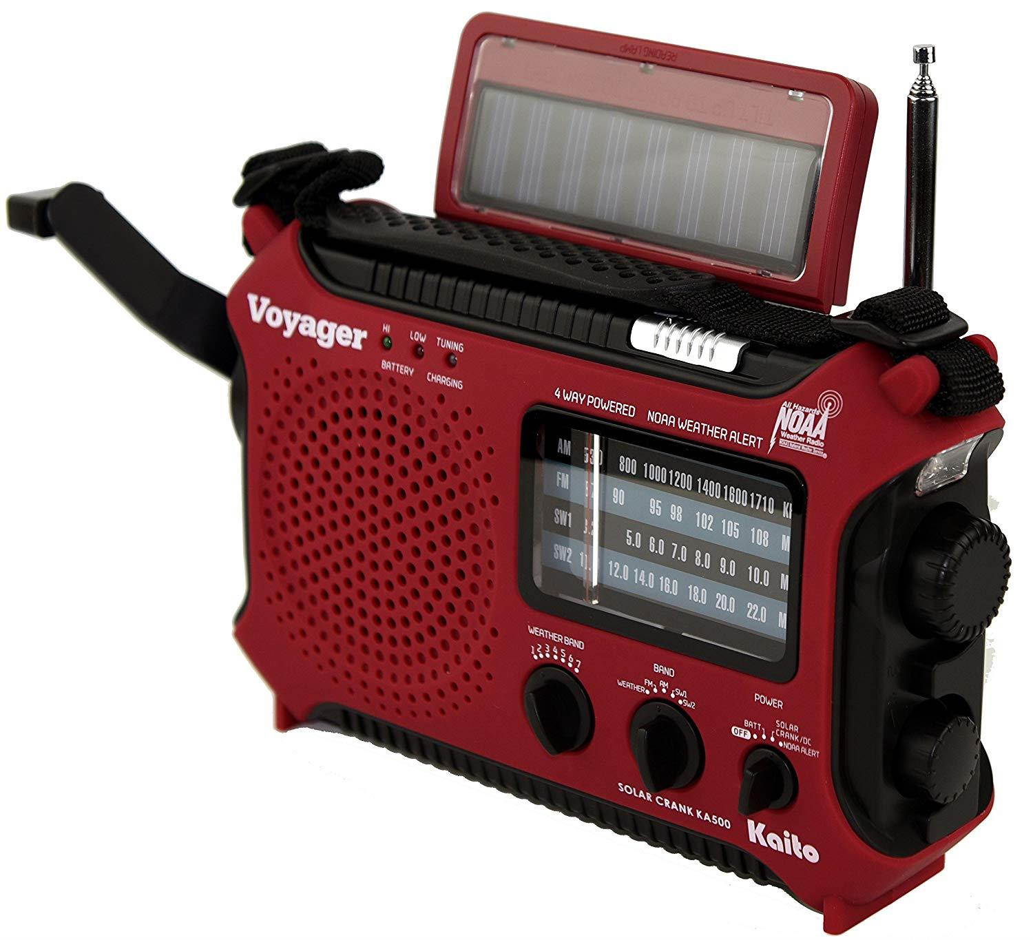 Kaito Voyager KA500 Solar/Dynamo AM/FM/SW NOAA Weather Radio with Alert & Cell Phone (iPod/iPhone) Charger, Color Red