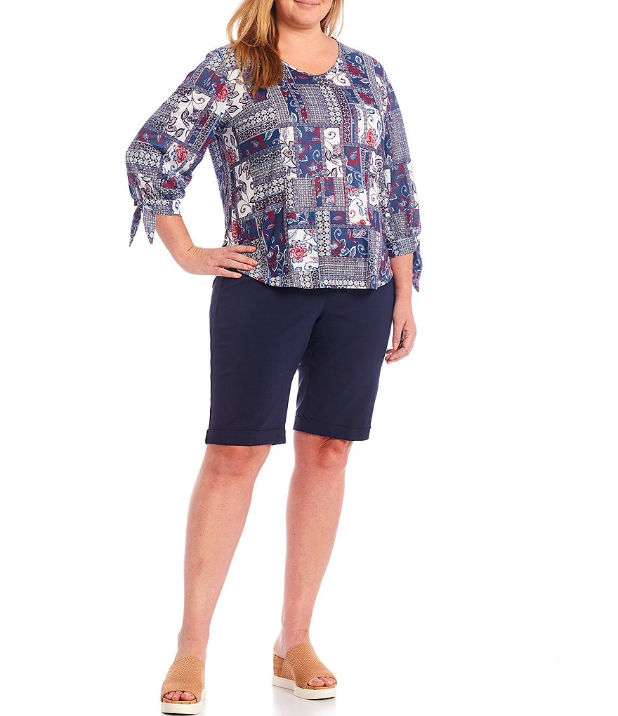 Democracy Plus Size Floral Print 3/4 Puff Sleeve V-Neck Knit Top