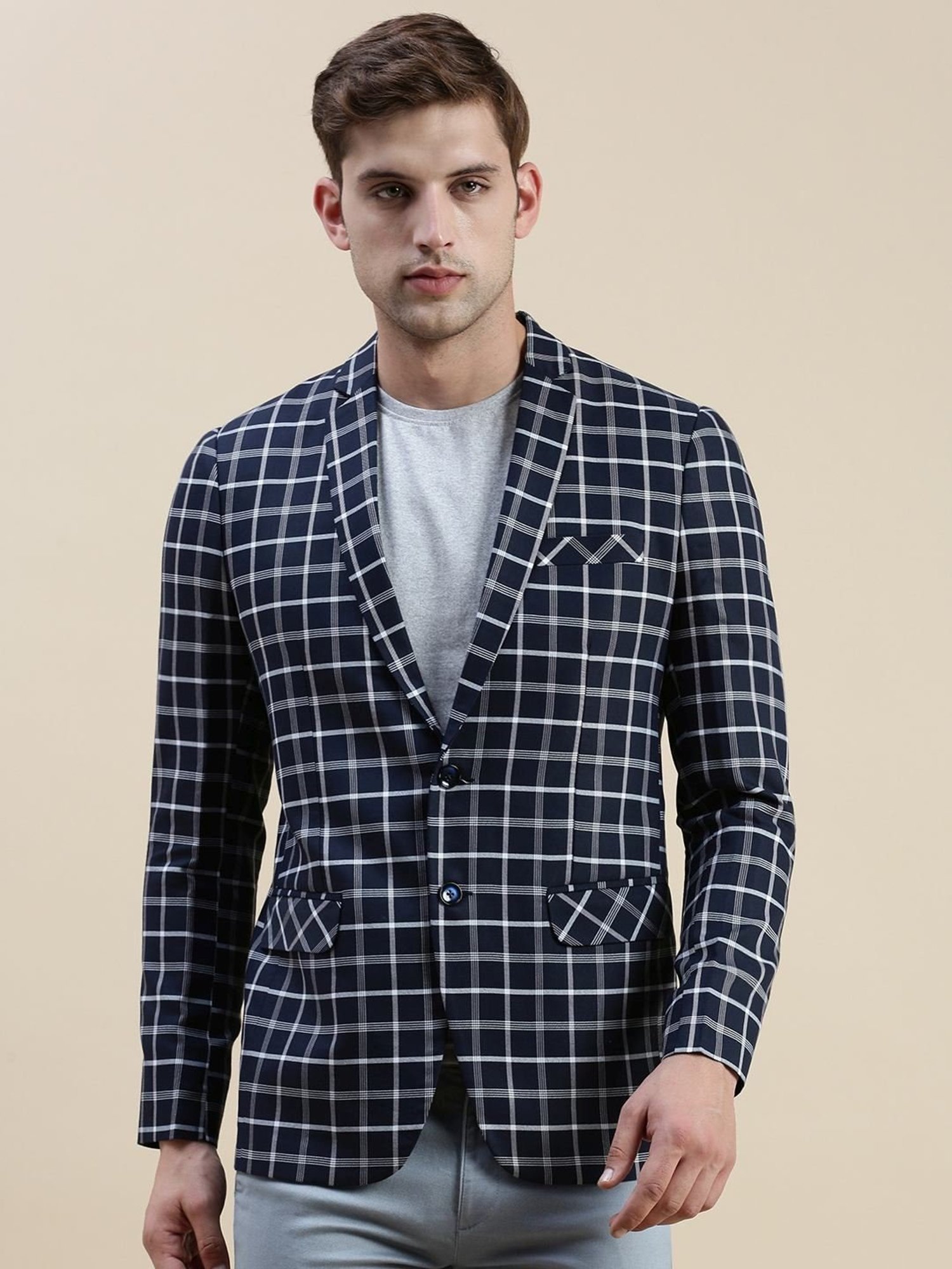 SHOWOFF Navy Blue Slim Fit Checks Blazer