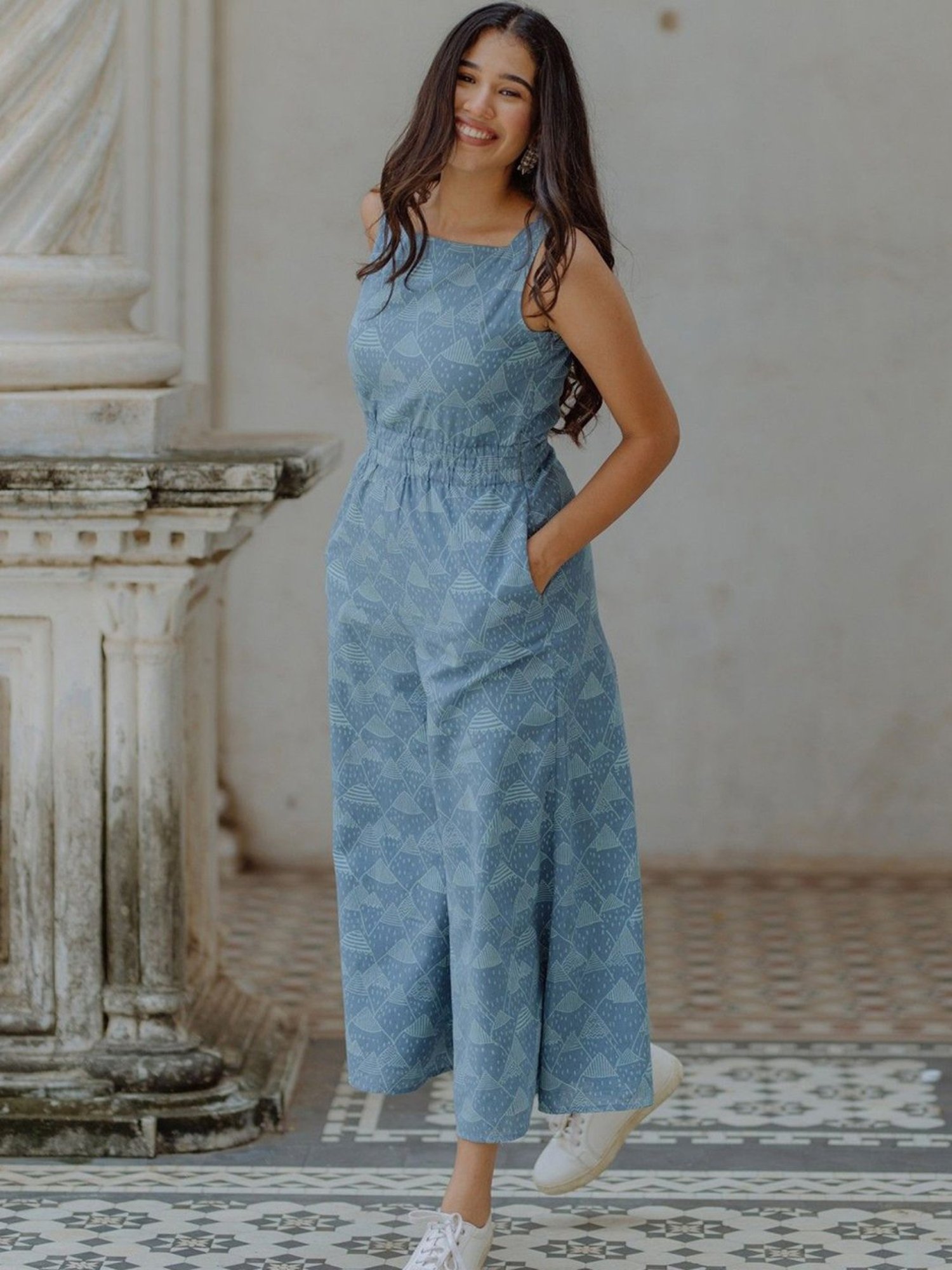 Okhai Misty Blue Pure Cotton Printed Jumpsuit