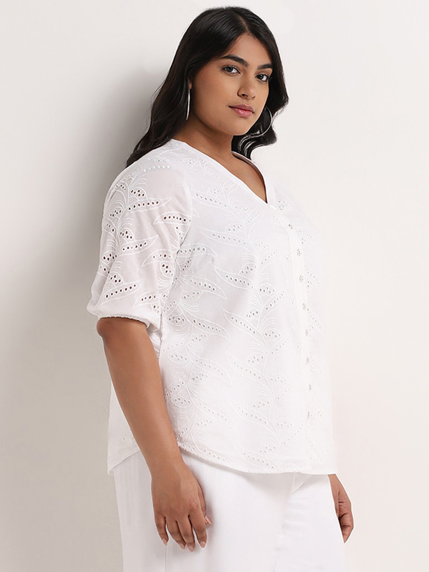 Gia by Westside White Schiffli Design Blouse
