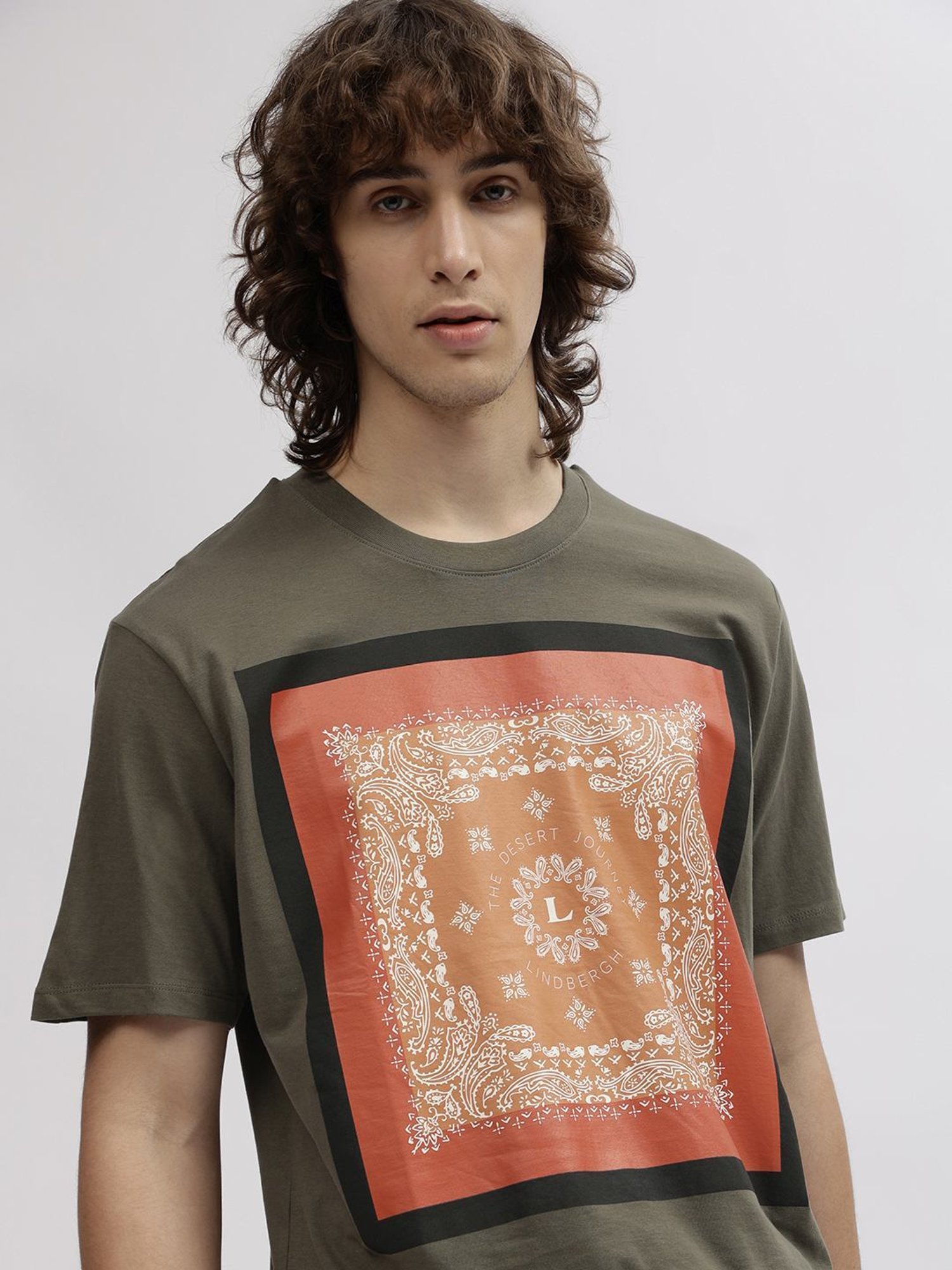 Lindbergh Green Cotton Oversize Fit Printed T-Shirt