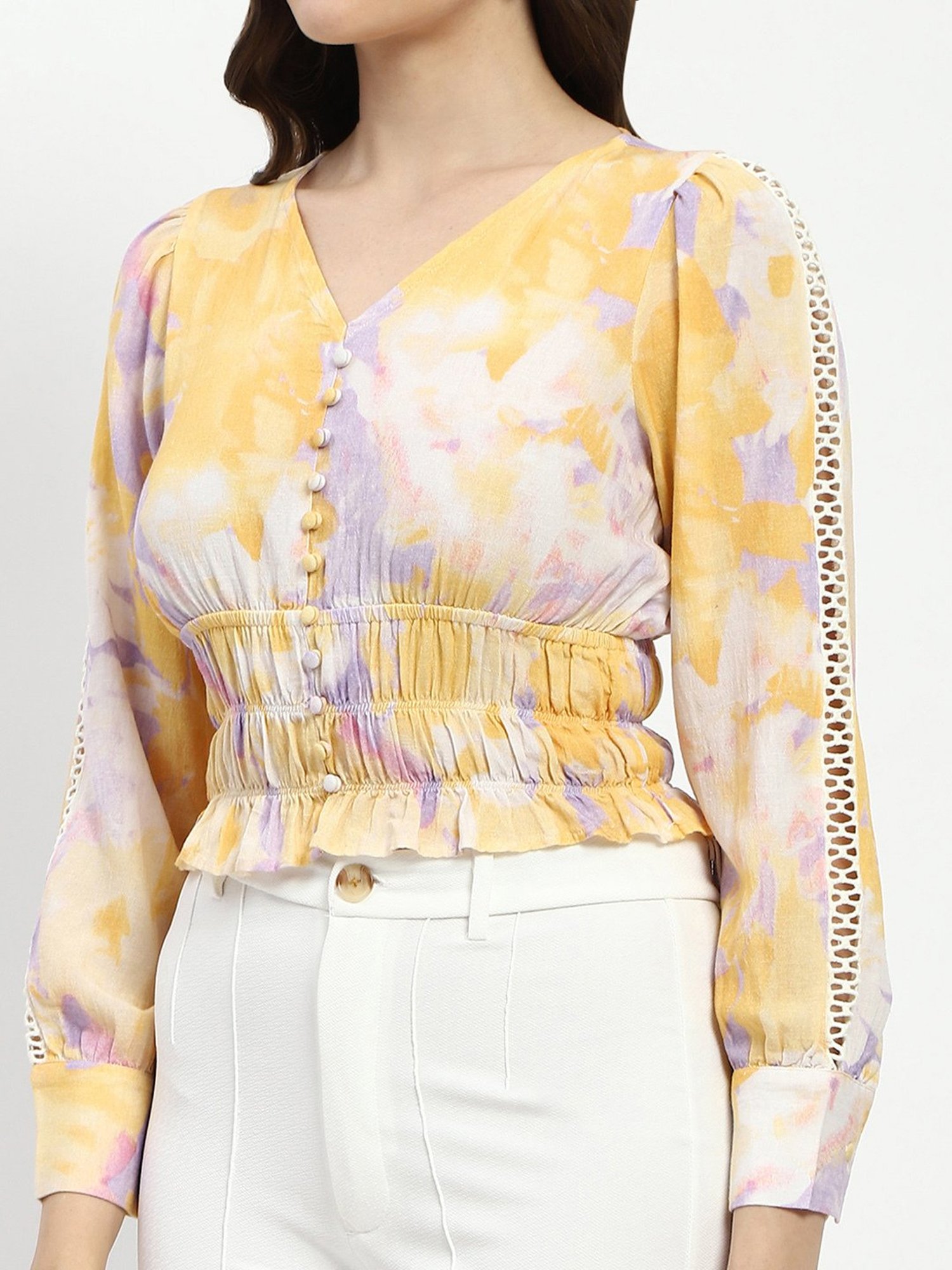 MADAME Mustard Printed Crop Top