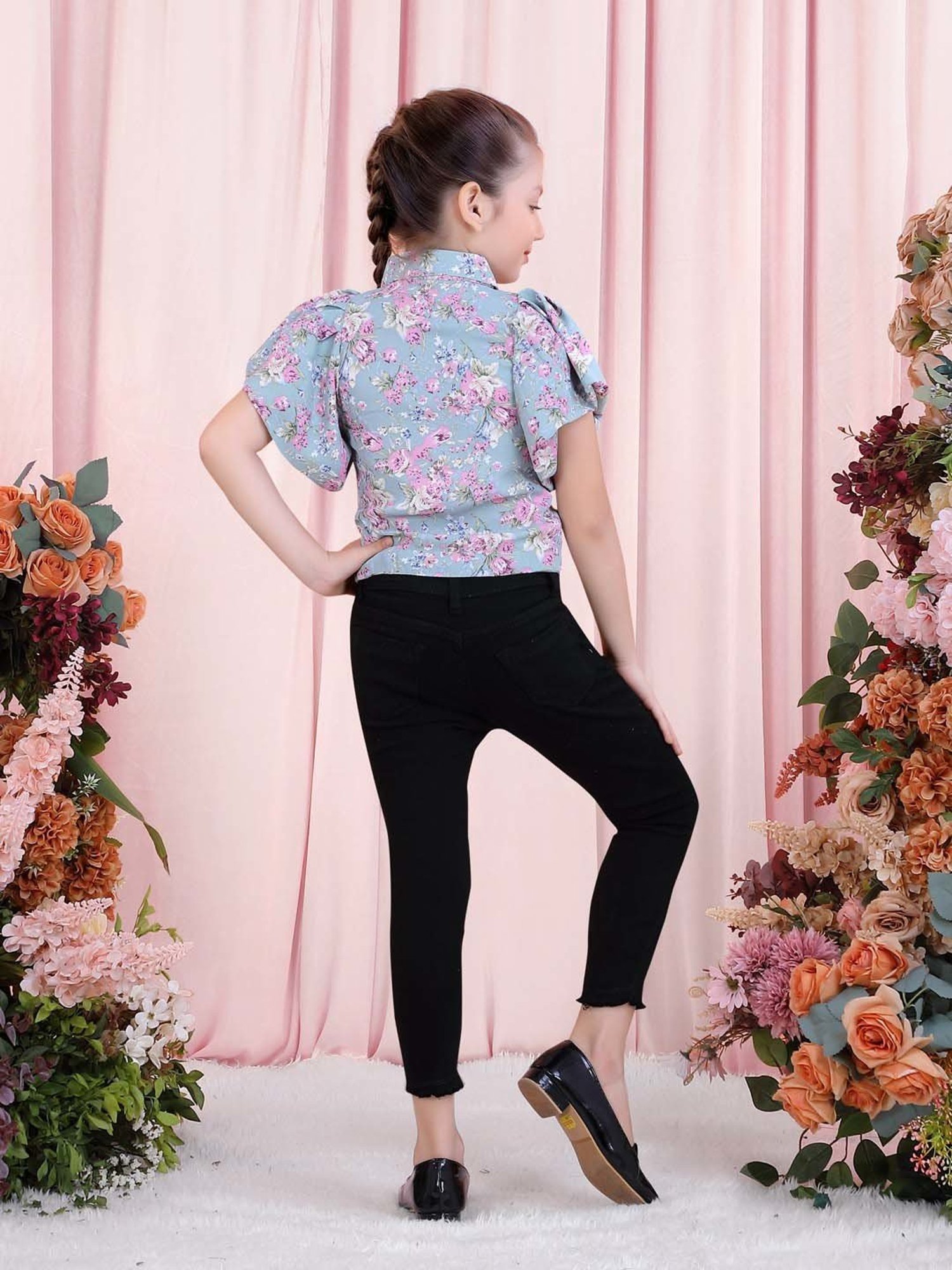 poplins Kids Blue & Pink Cotton Floral Print Top