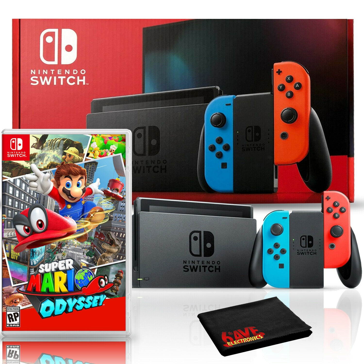 Nintendo Switch With Neon Blue And Red Joy-Con Bundle With Super Mario Odyssey