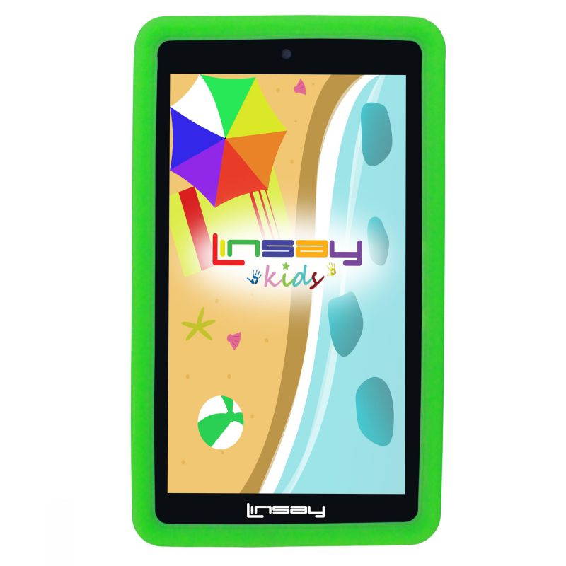 LINSAY&reg; 7" Kids Funny Tablet Quad Core 2 GB Ram 16 GB Storage Android 10 Bundle with Green Kids Defender Case