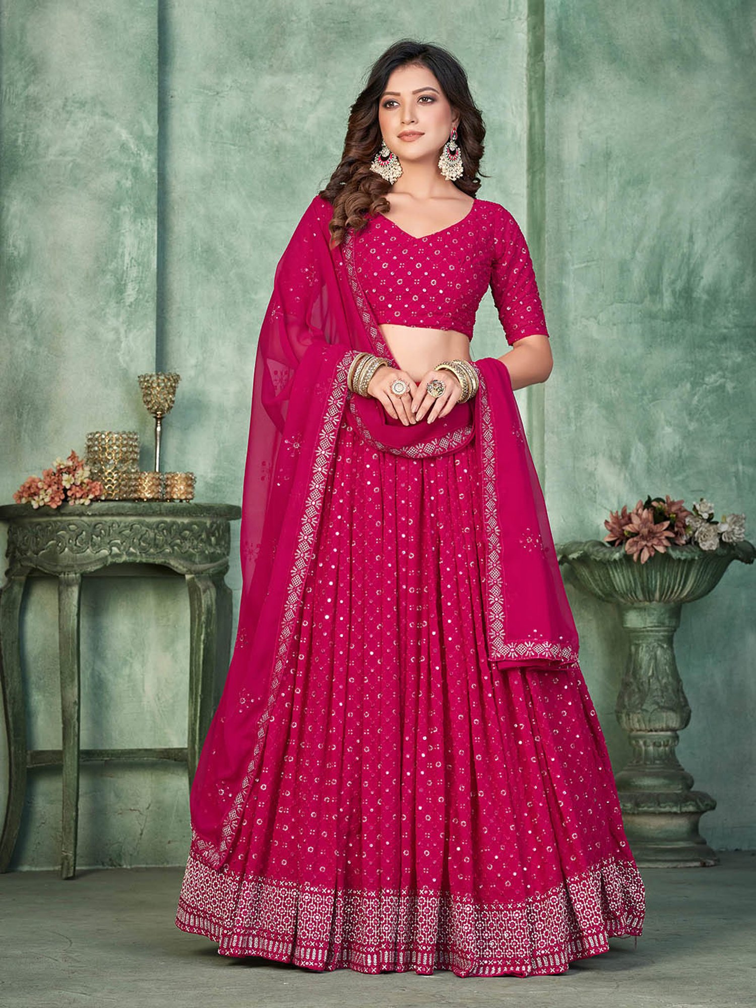 Warthy Ent Dark Pink Embroidered Lehenga Choli Set With Dupatta