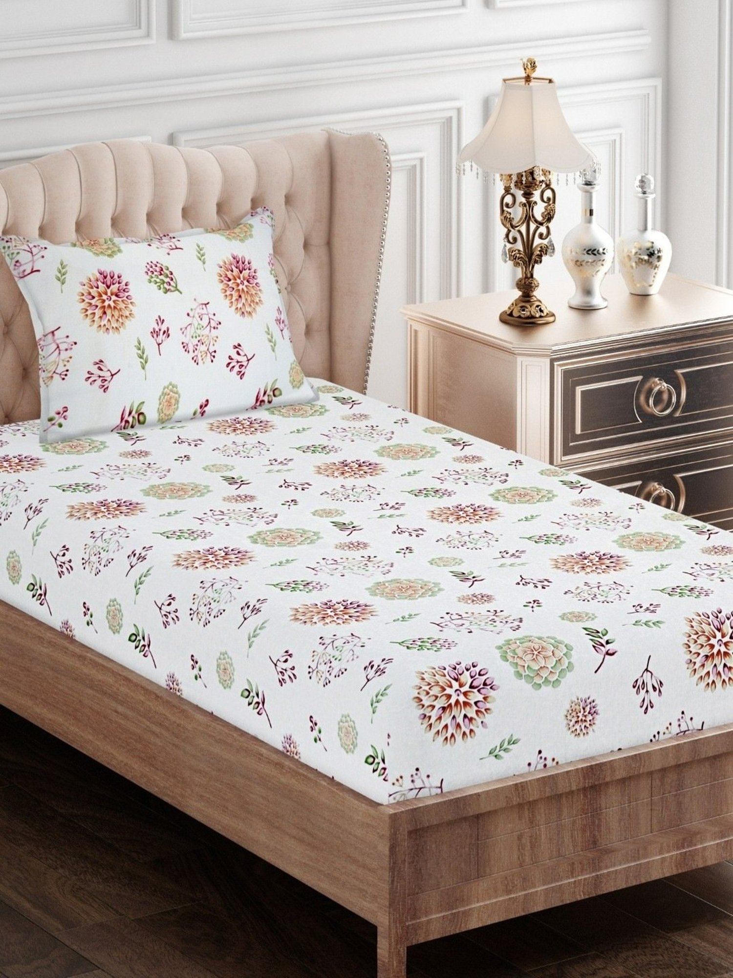 SEJ by Nisha Gupta Floral Green 144 TC Cotton Single Bed Sheet with 1 Pillow Cover