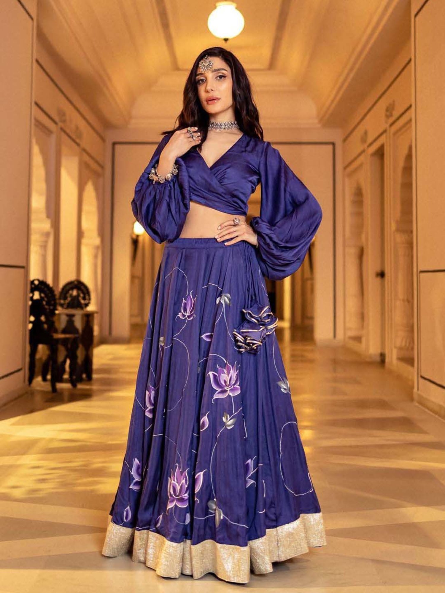 AACHHO Purple Floral Print Lehenga Choli Set With Dupatta