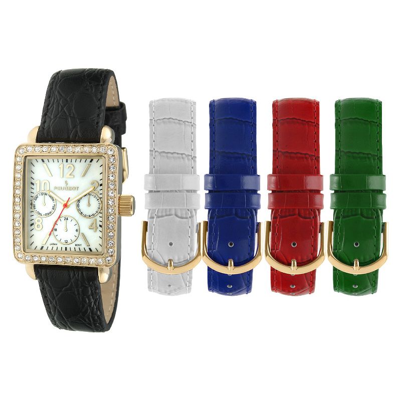 Women's Peugeot Crystal Bezel 5 Interchangeable Leather Strap Watch Set - Gold and