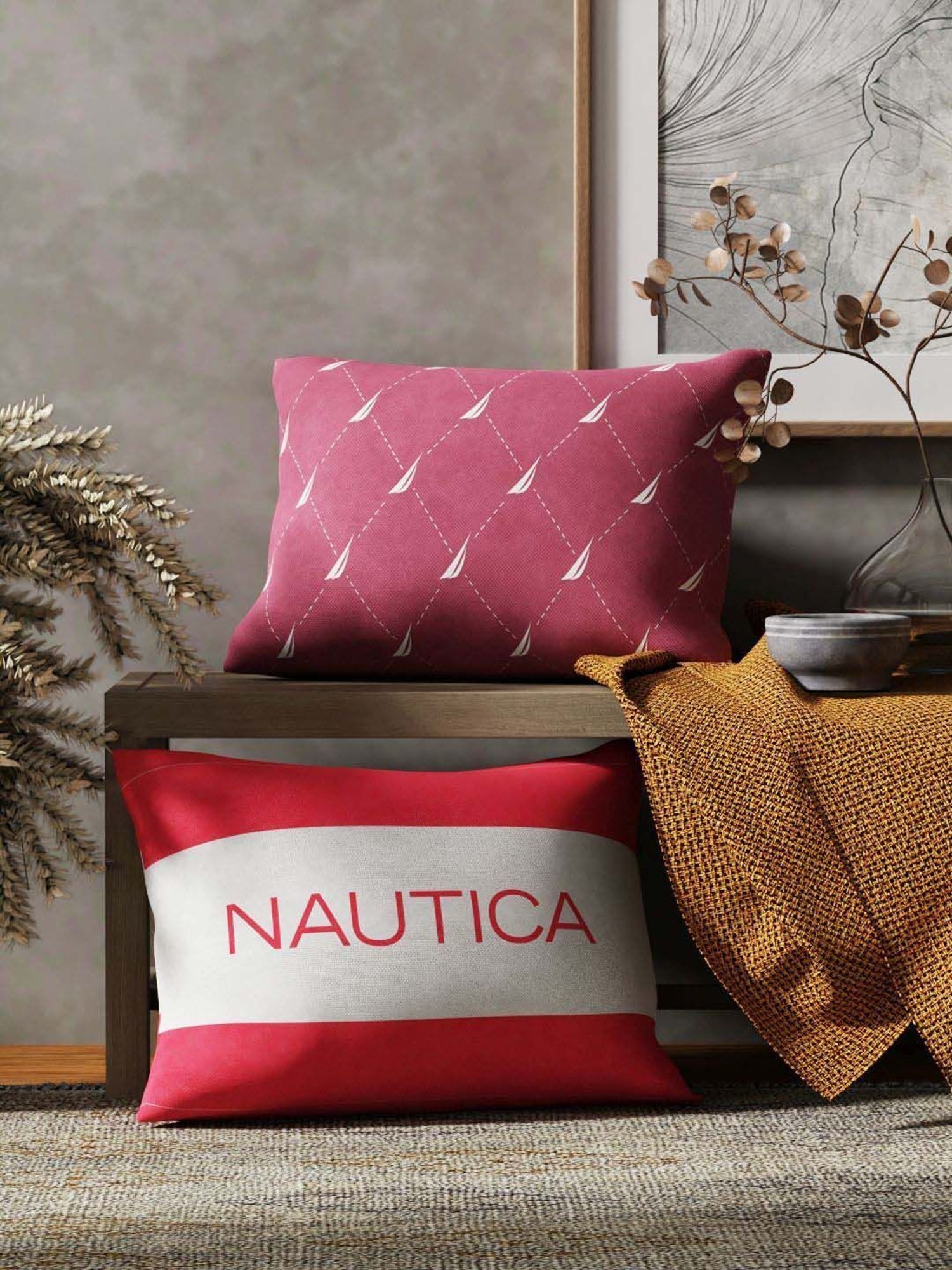 Nautica Logo Stripe Dull Pink & Coral Microfibre 300 GSM Premium Cushion Covers - Set of 2