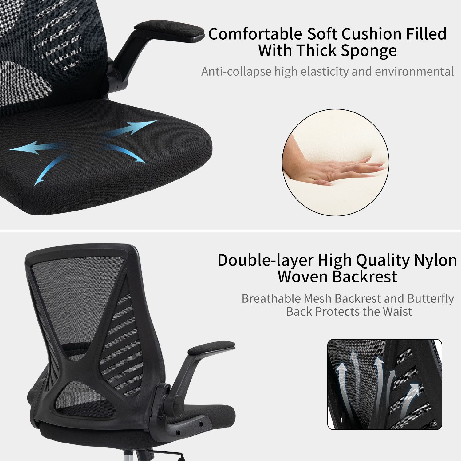Ergonomic Office Chair, Home Office Desk Chairs, Mid-back Computer Mesh Chair with Lumbar Support and Flip-up Arms, Swivel Task Chair