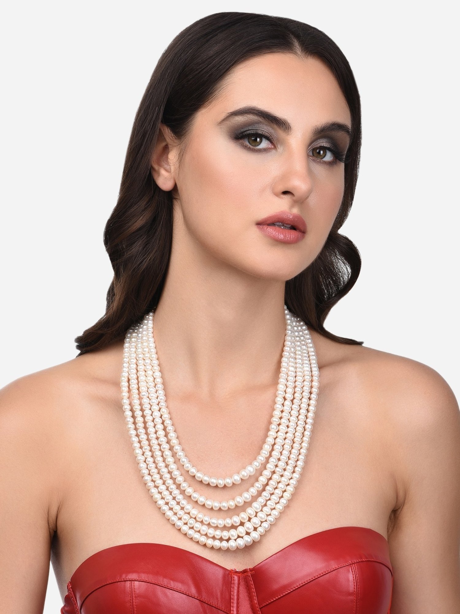 Zaveri Pearls White Freshwater 5Mm-10Mm Graduation Button Pearls Multi Layers Necklace-ZPFK13818