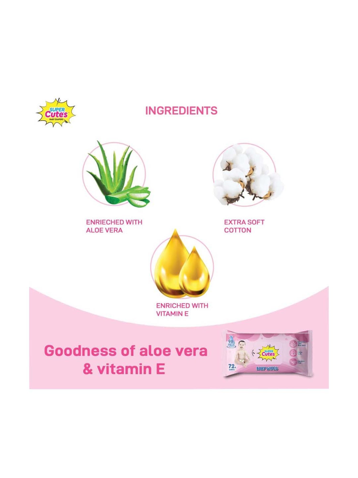Super Cute's Premium Soft Cleansing Baby Wipes with Aloe Vera (72 Wipes)