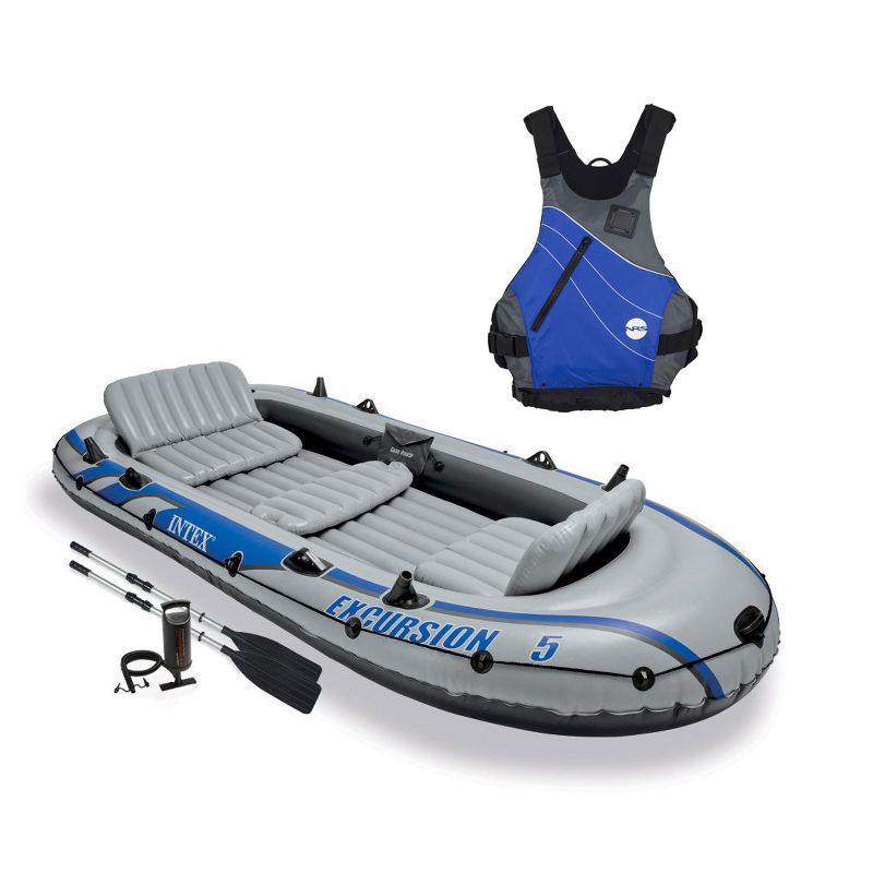 Intex Excursion 5 Person Inflatable Raft, 2 Oars and 2 Red Life Jackets, L/XL