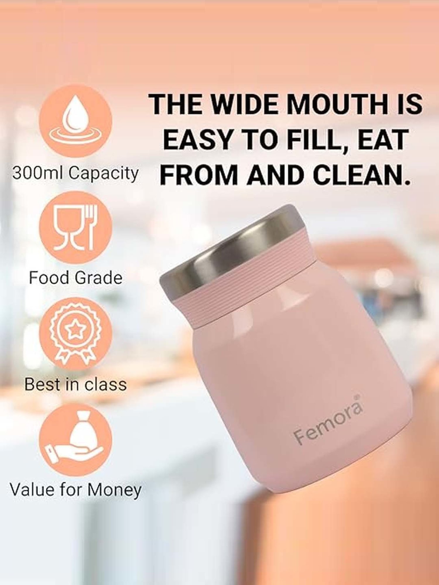 Femora Pink Stainless Steel Double Walled Thermos For Hot Food (0.3 L)