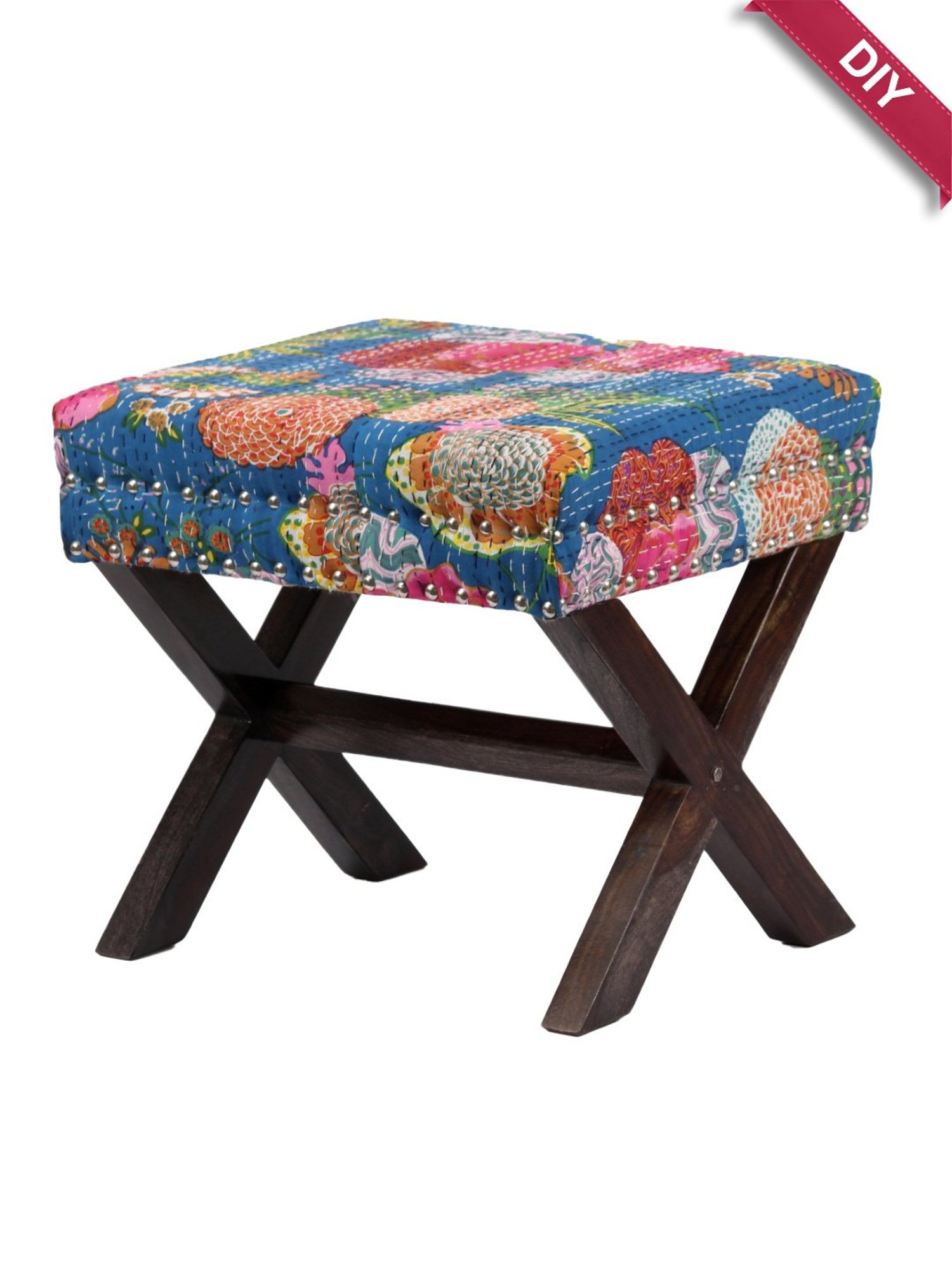 Chumbak Spring Marigold Floral Green Mango Wood Modern Trunk Storage Ottoman