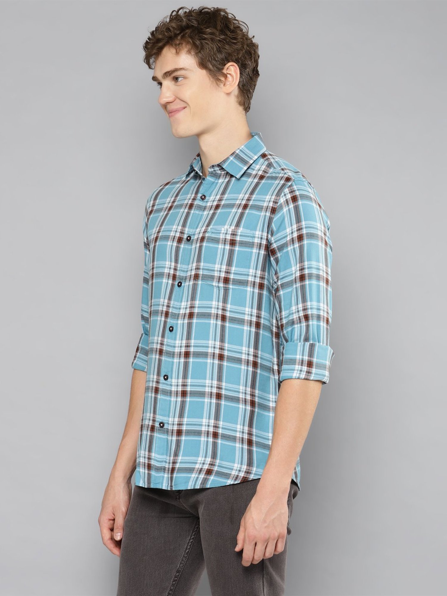 Allen cooper Blue Regular Fit Check Cotton Shirt