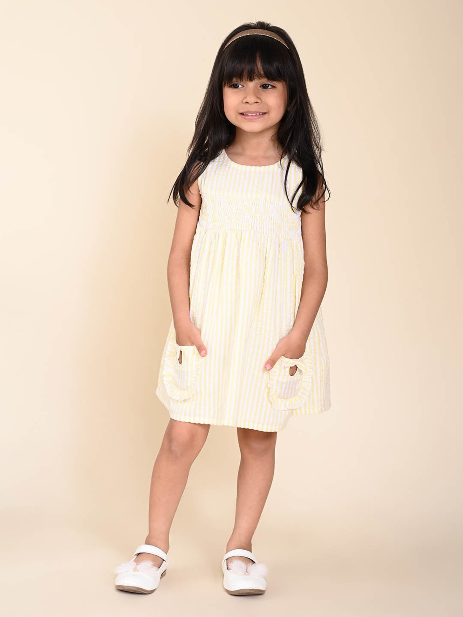 LilPicks Kids White & Yellow Striped Dress