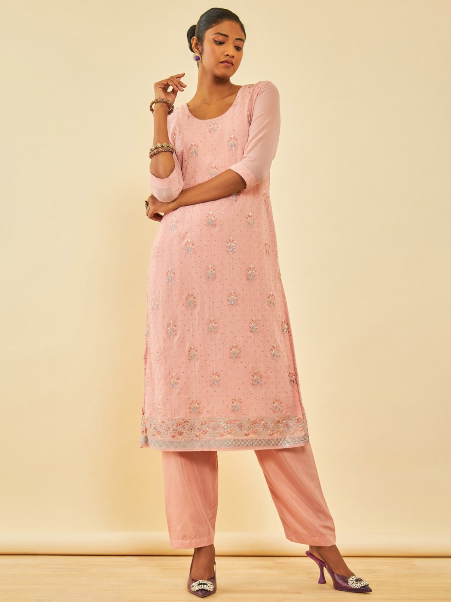 Soch Peach Georgette Embroidered Unstitch Dress Material With Stones