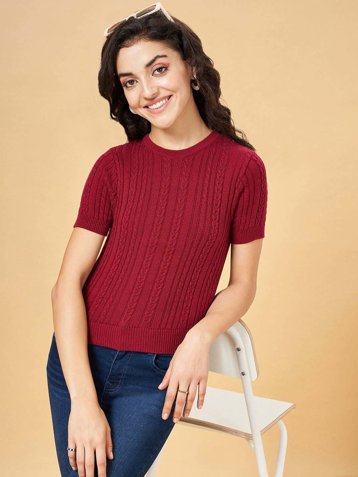 People by Pantaloons Maroon Cotton Self Pattern Top