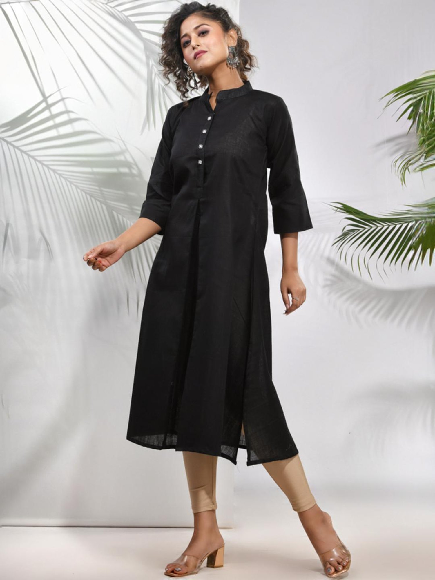 CHARUKRITI Black Cotton Woven Pattern A Line Kurta