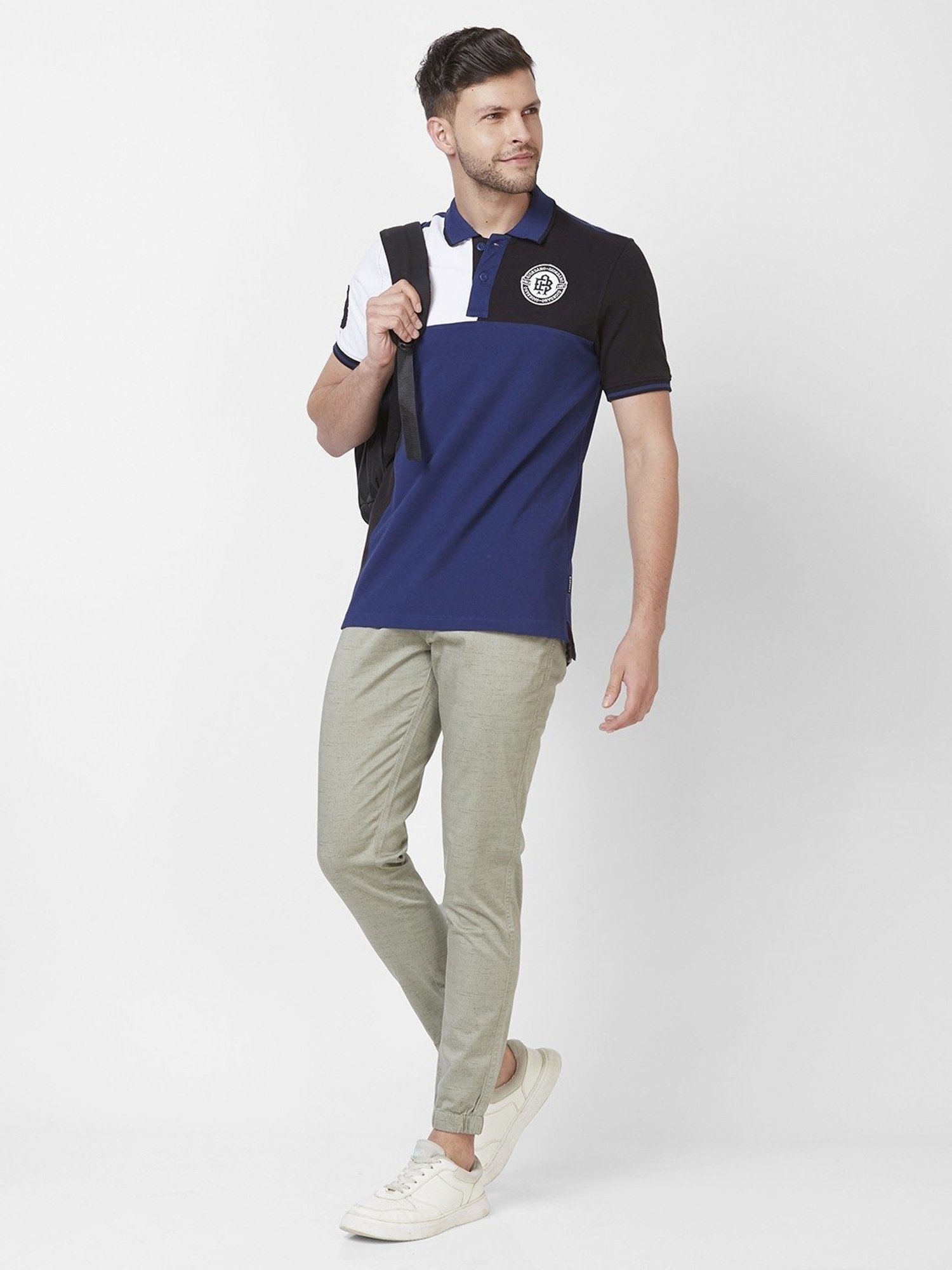 Giordano Navy Blue Cotton Slim Fit Colour Block Polo T-Shirt