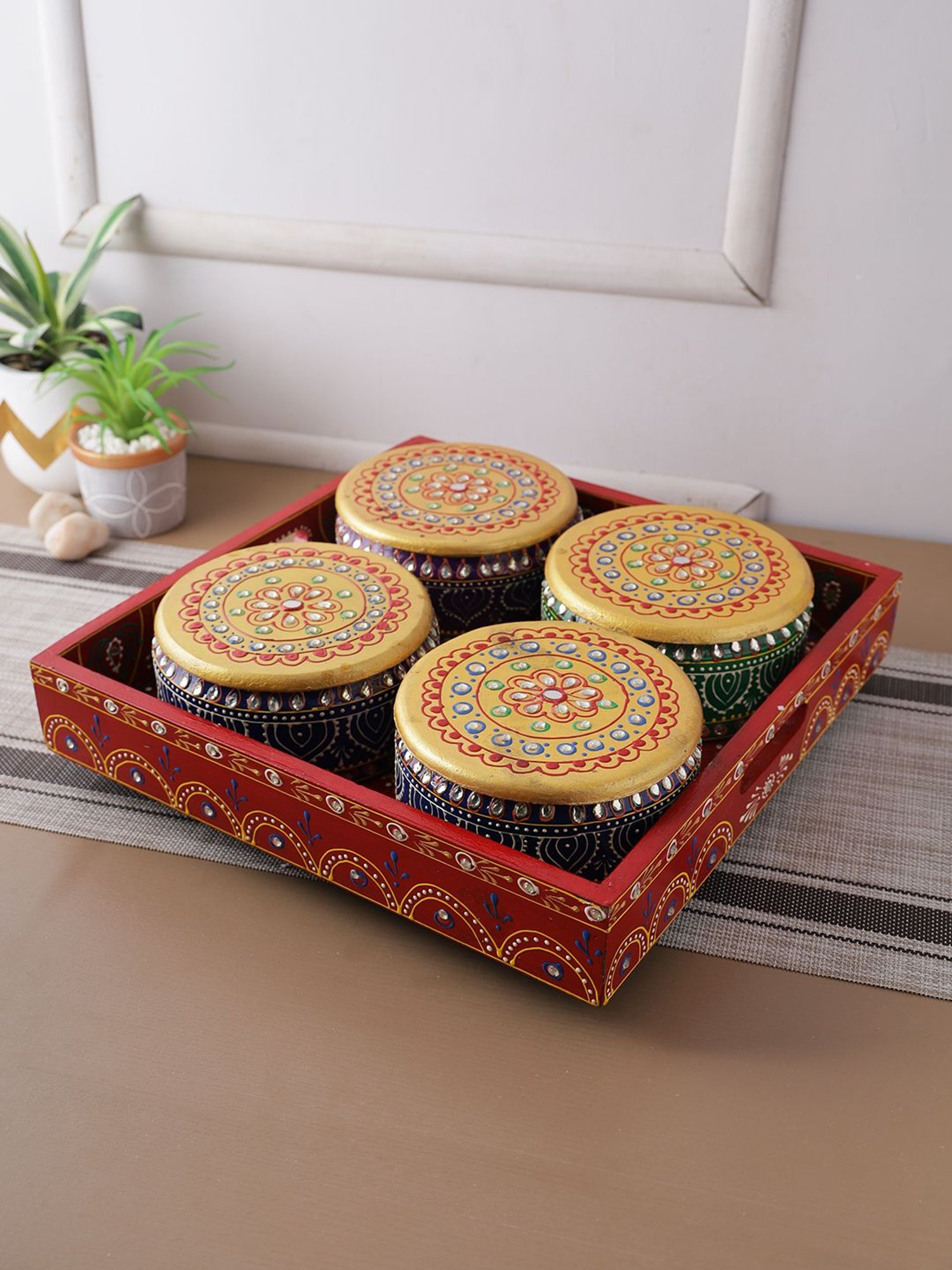 Aapno Rajasthan Red Wooden Tray with 4 Jars