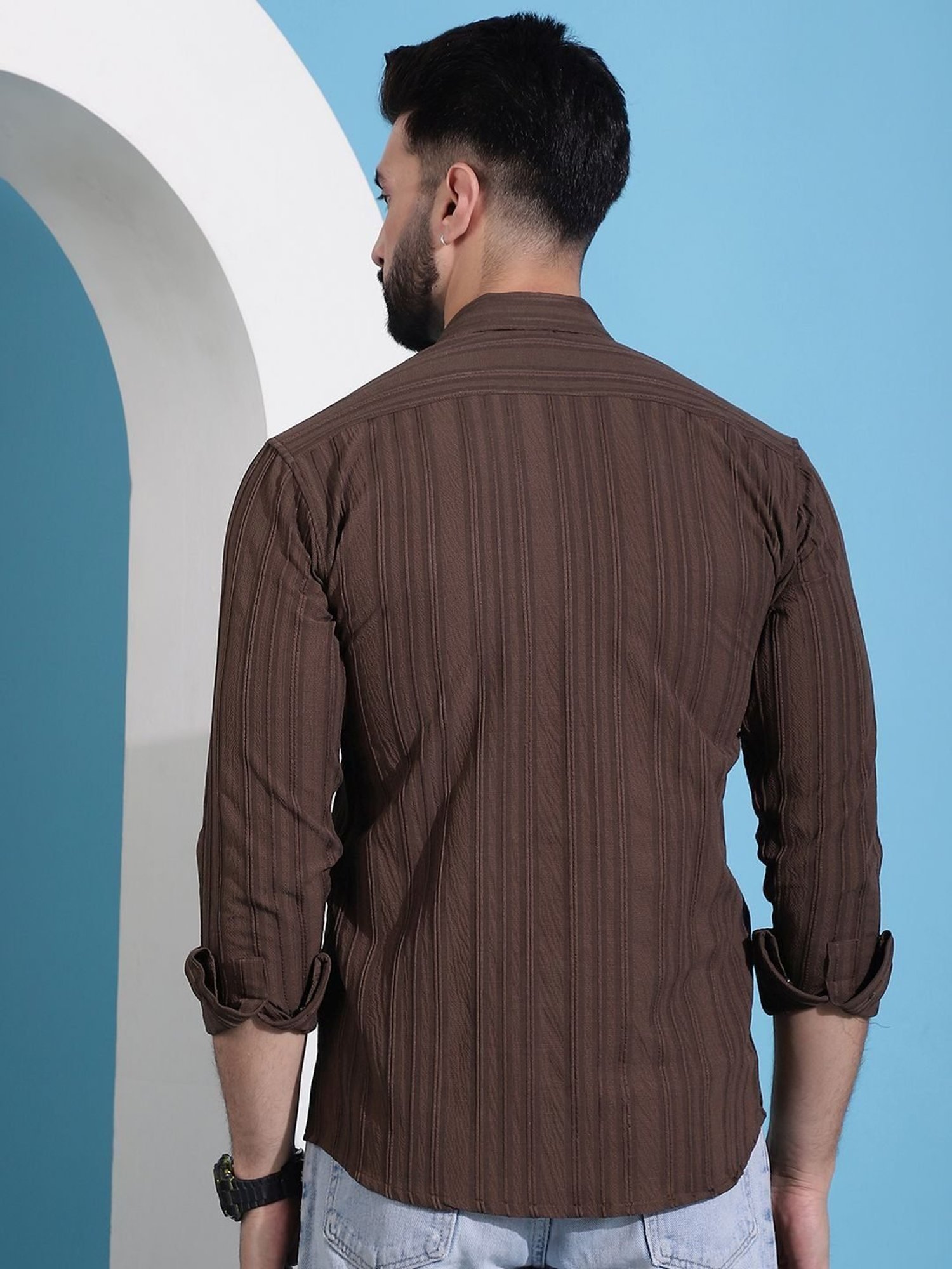 Indian Needle Coffee Regular Fit Striped Shirt