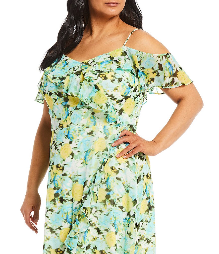 London Times Plus Size V-Neck Floral Ruffle Cold Shoulder Short Sleeve Midi Dress