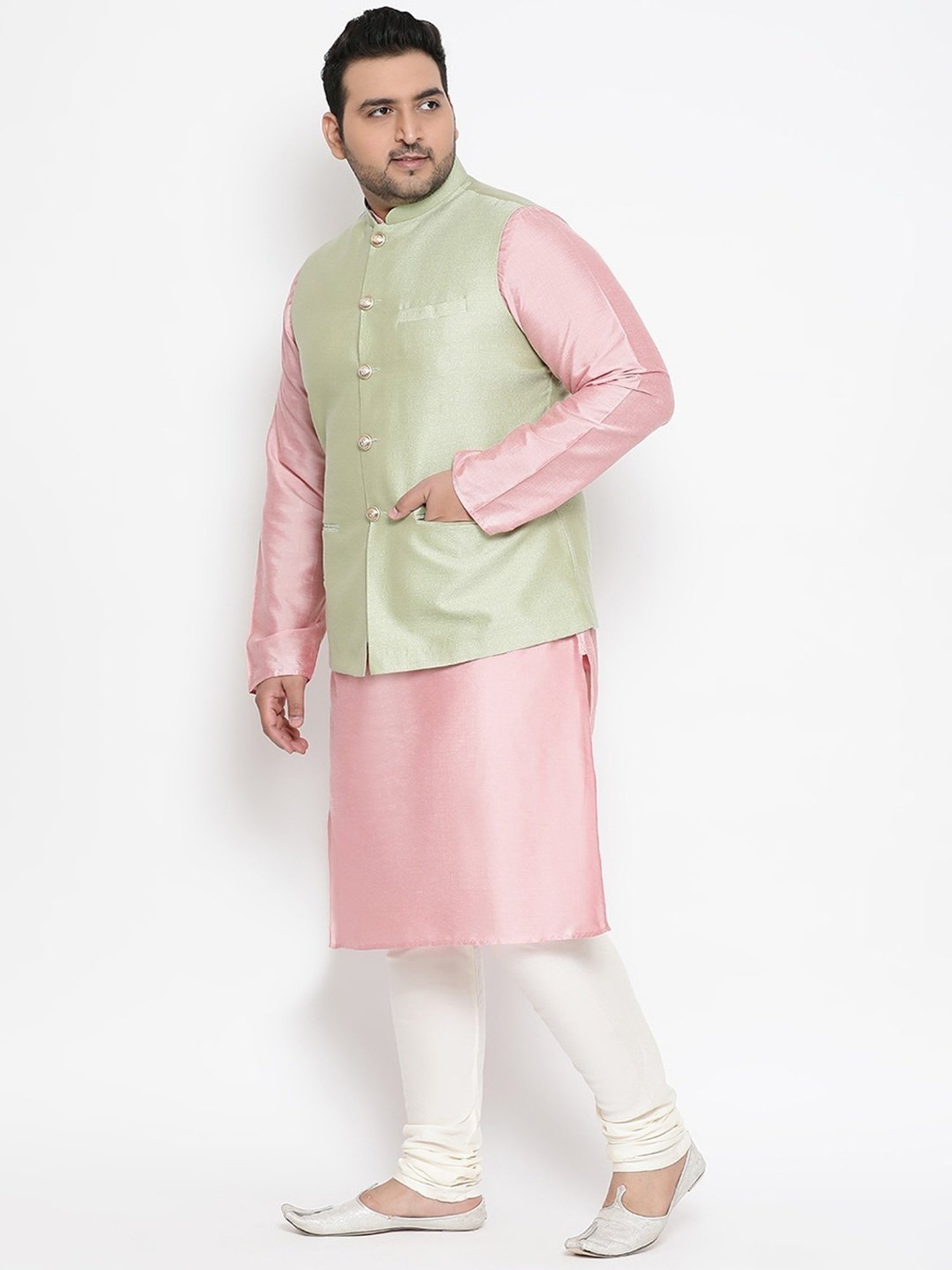 KISAH PLUS Green & Pink Regular Fit Printed Kurta Set With Jacket