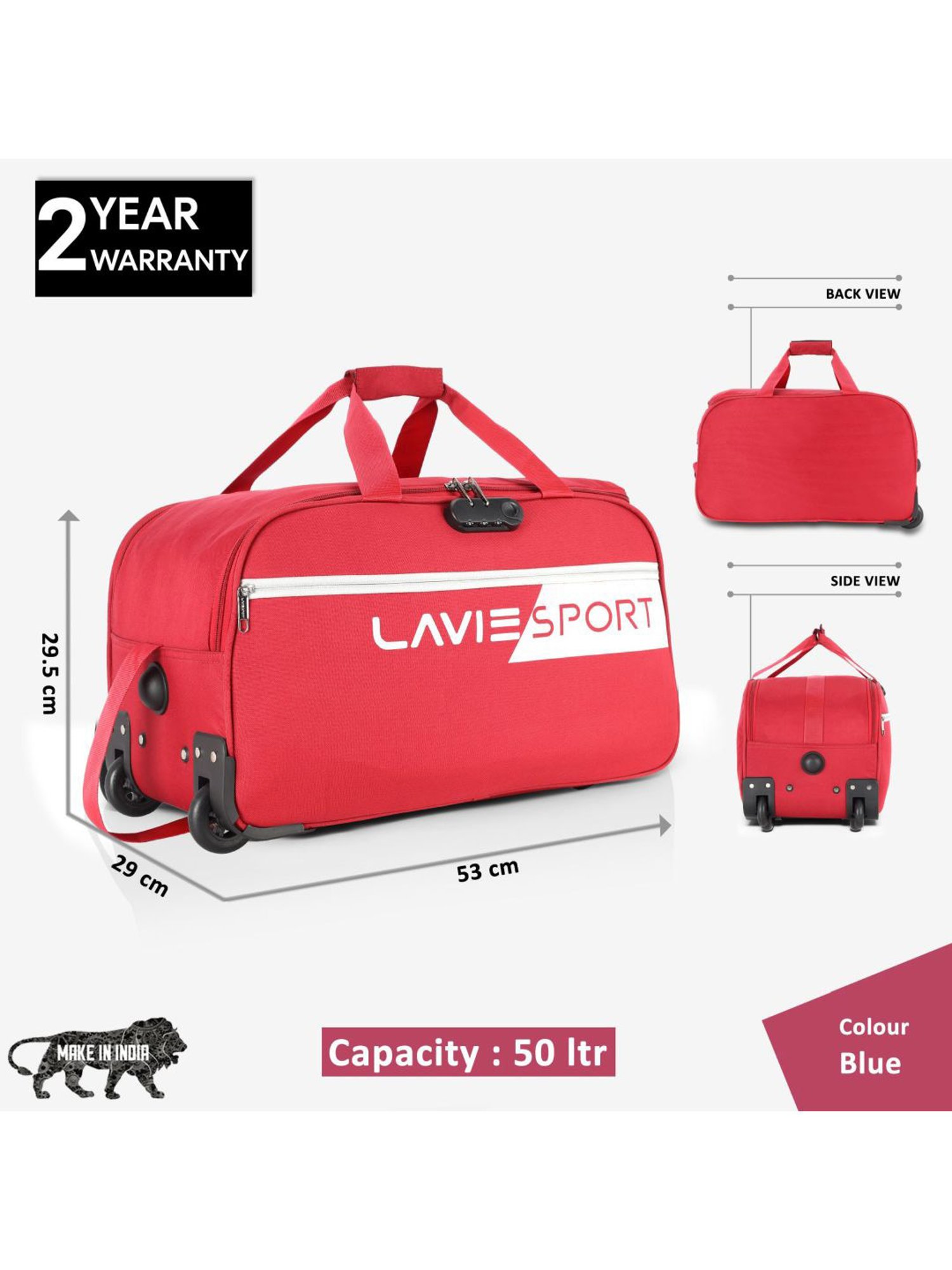 Lavie Sport 53 cms Camelot Wheel Duffle Bag With Combi Lock| Trolley Bag (Red)